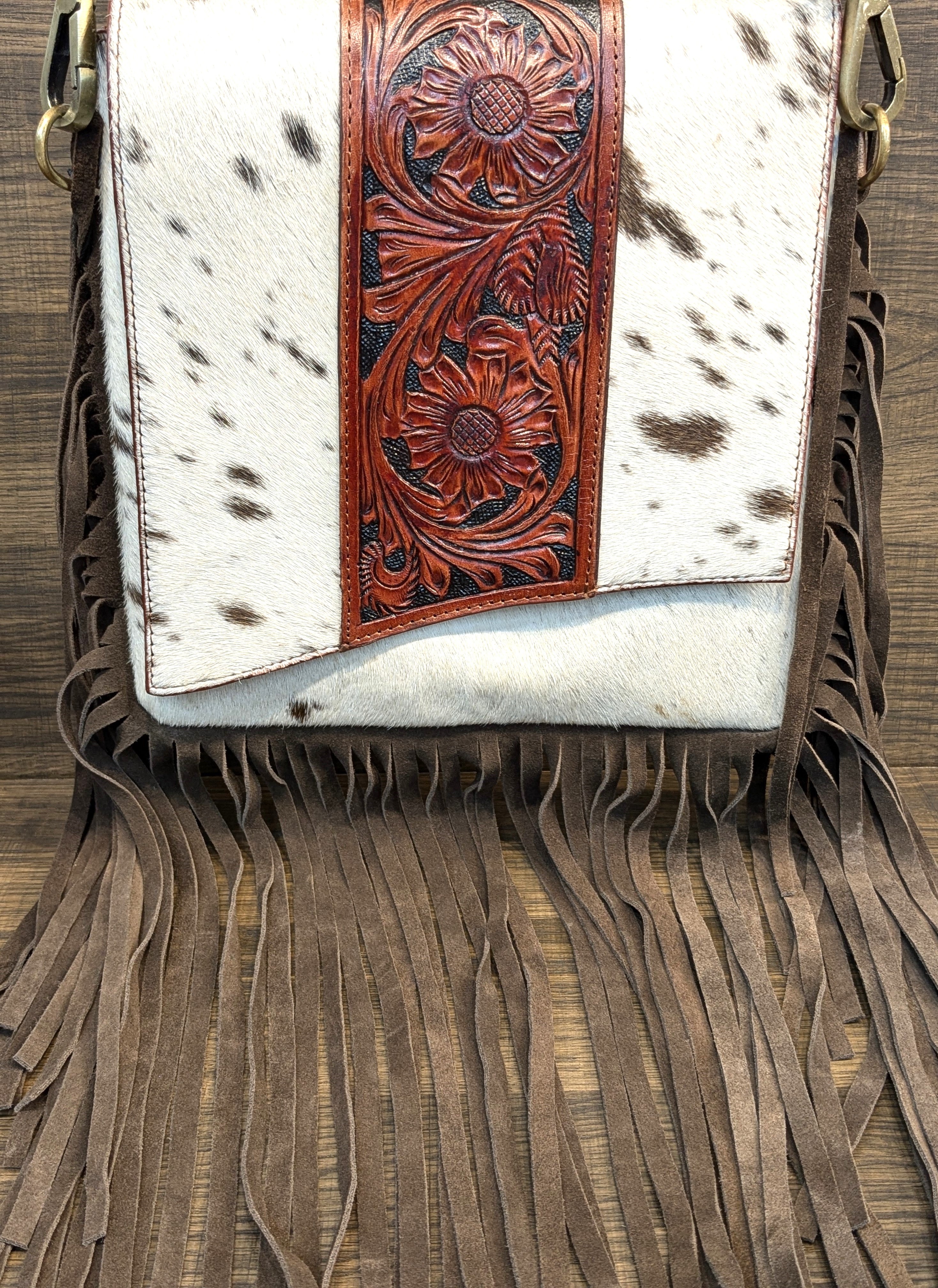 Genuine Leather Elegant Embossed Crossbody Hair-On  Handbag w/ leather Fringe