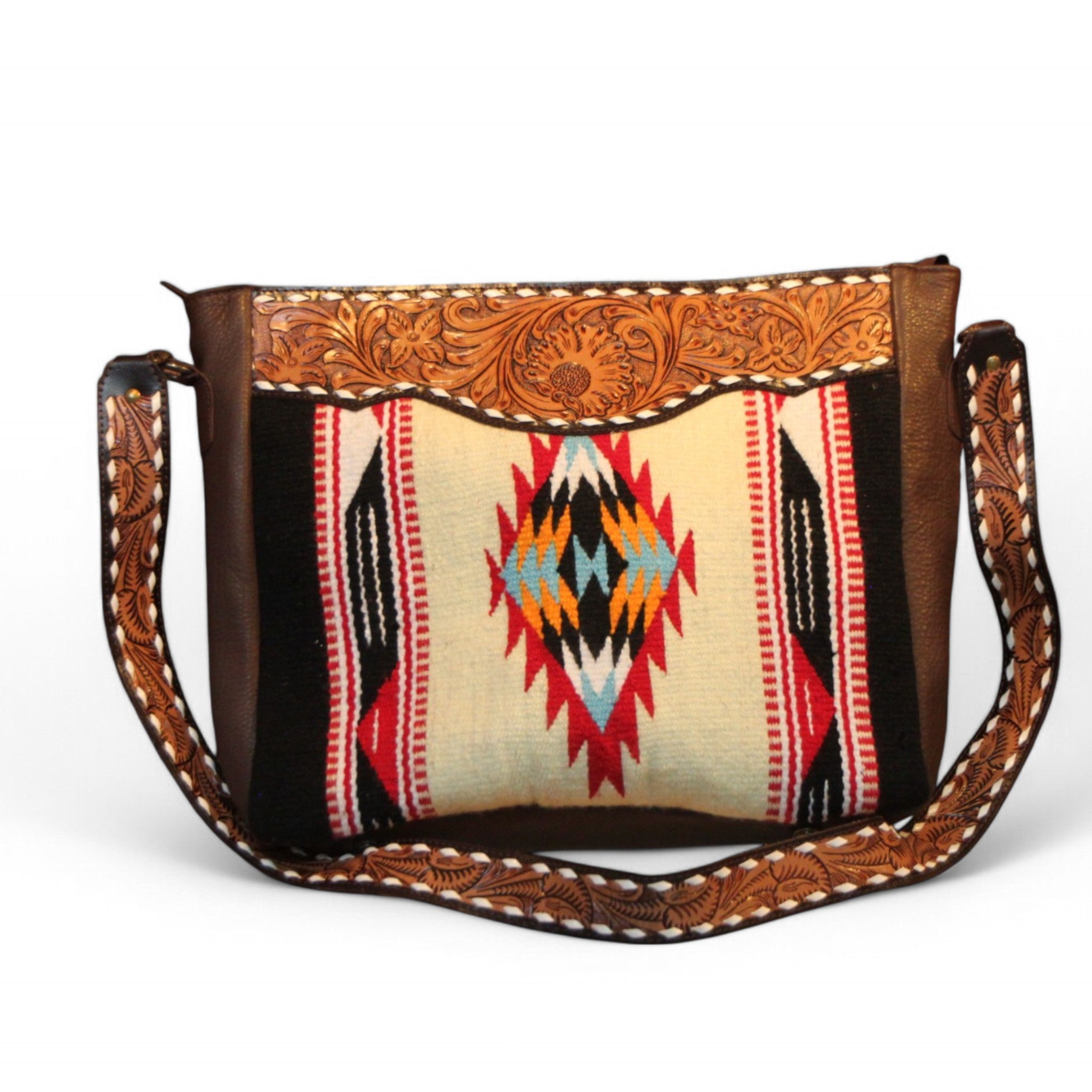 Montana Twist Genuine Leather Handwoven Handbag - White w/ Brown Floral