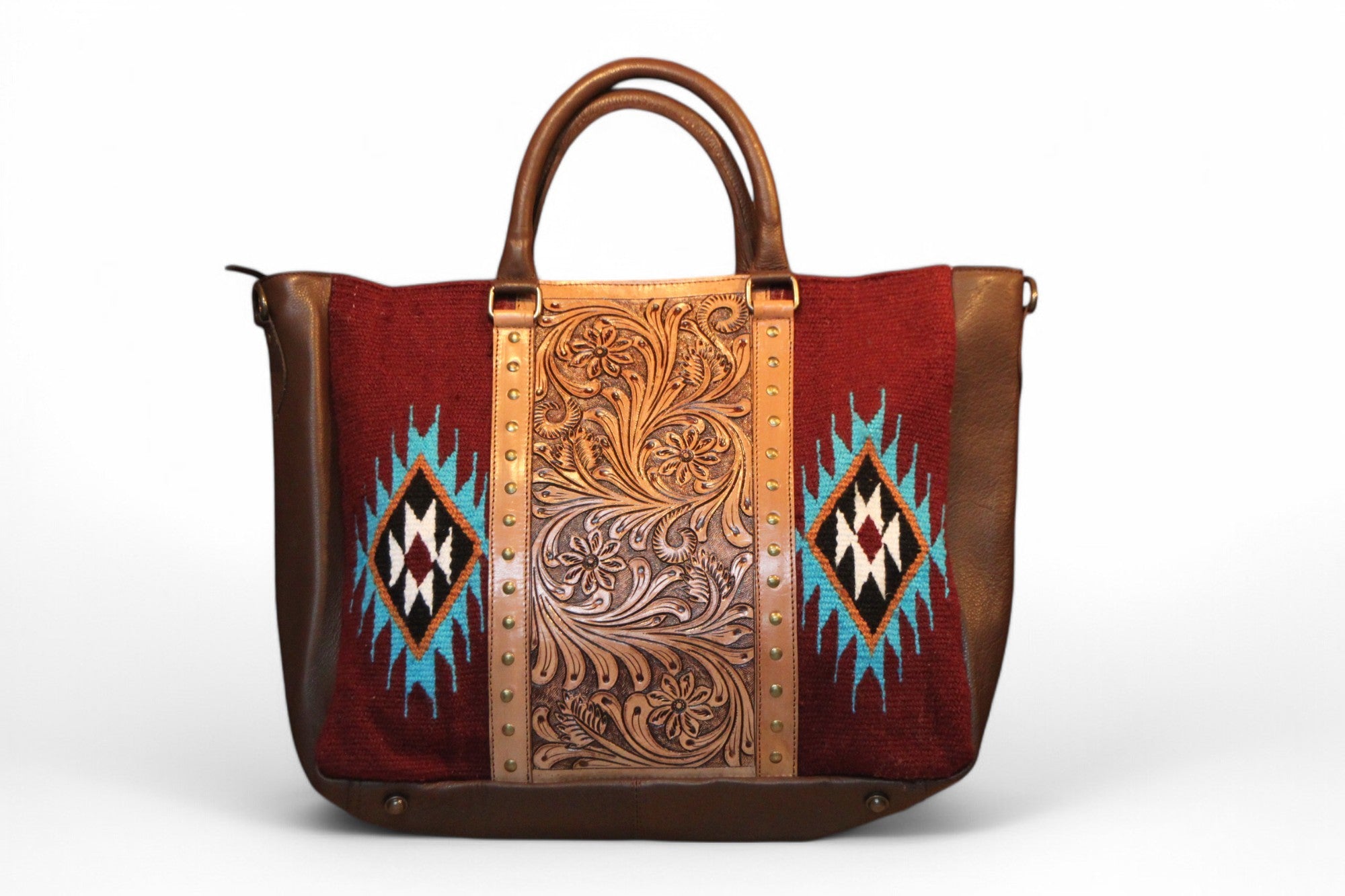 Montana Twist Genuine Leather Handwoven Tooled Tote Bag - Burgundy & Blue