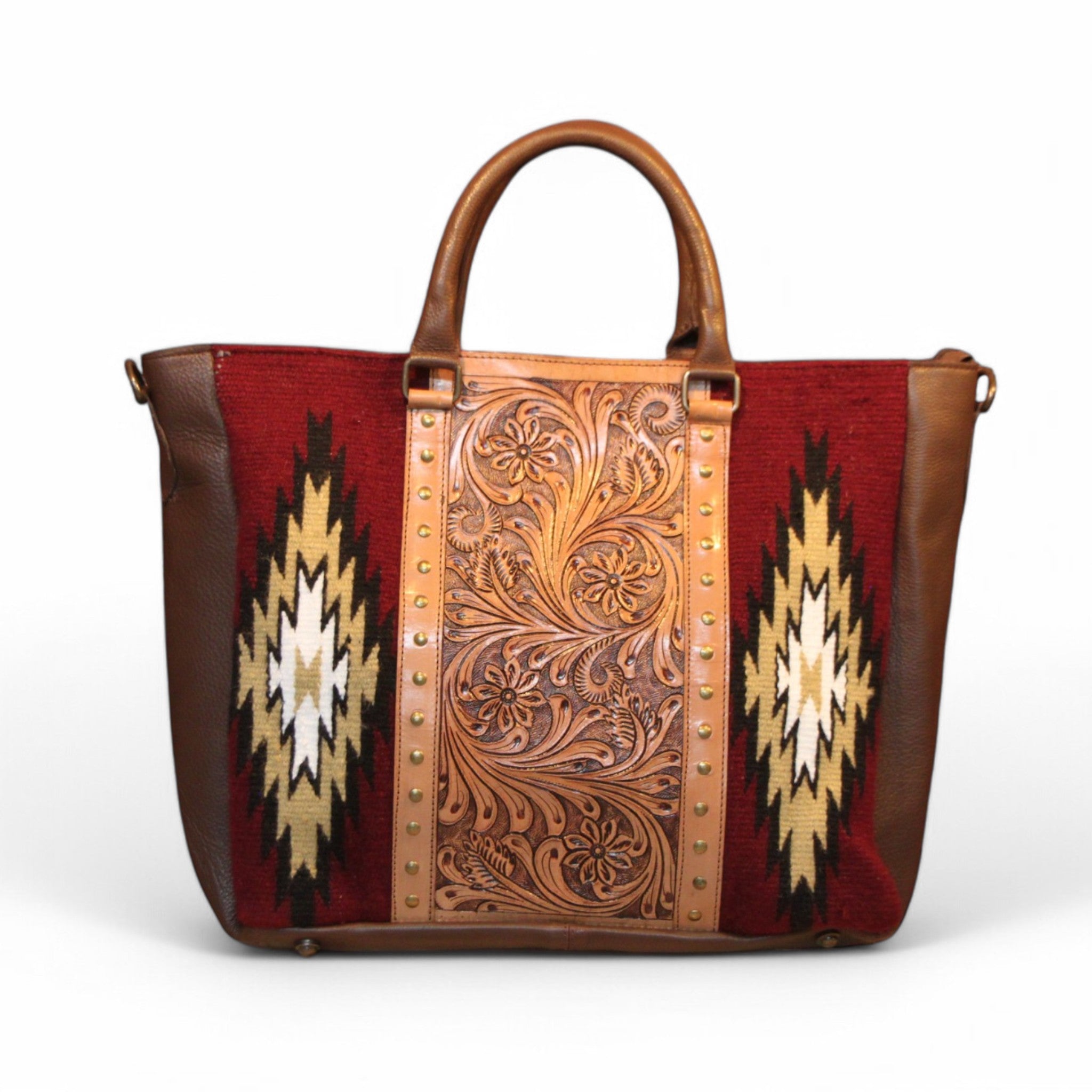Montana Twist Genuine Leather Handwoven Tooled Tote Bag - Burgundy & Beige