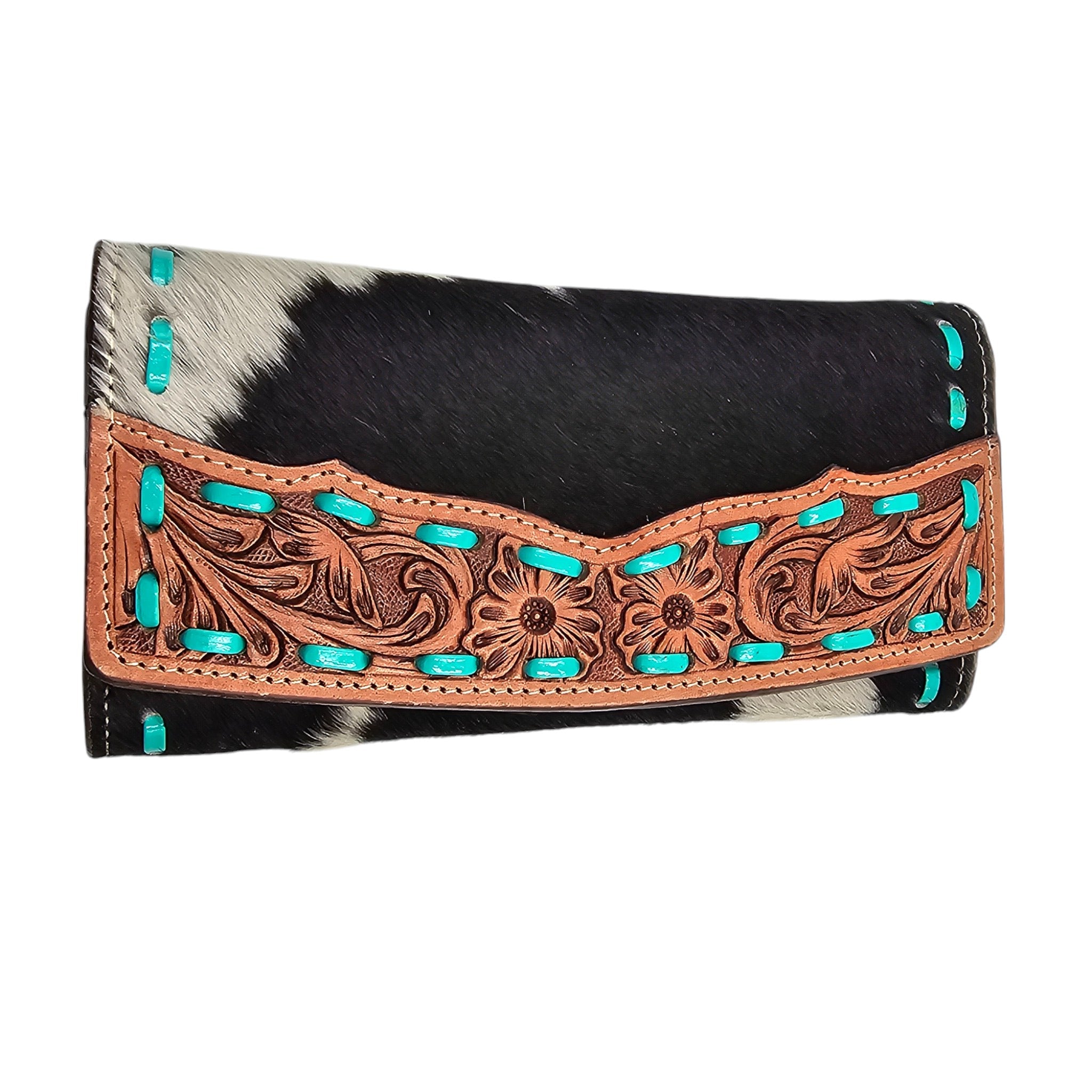 Montana Twist Genuine Leather Cowhide Wallet w/ Turquoise Stitching