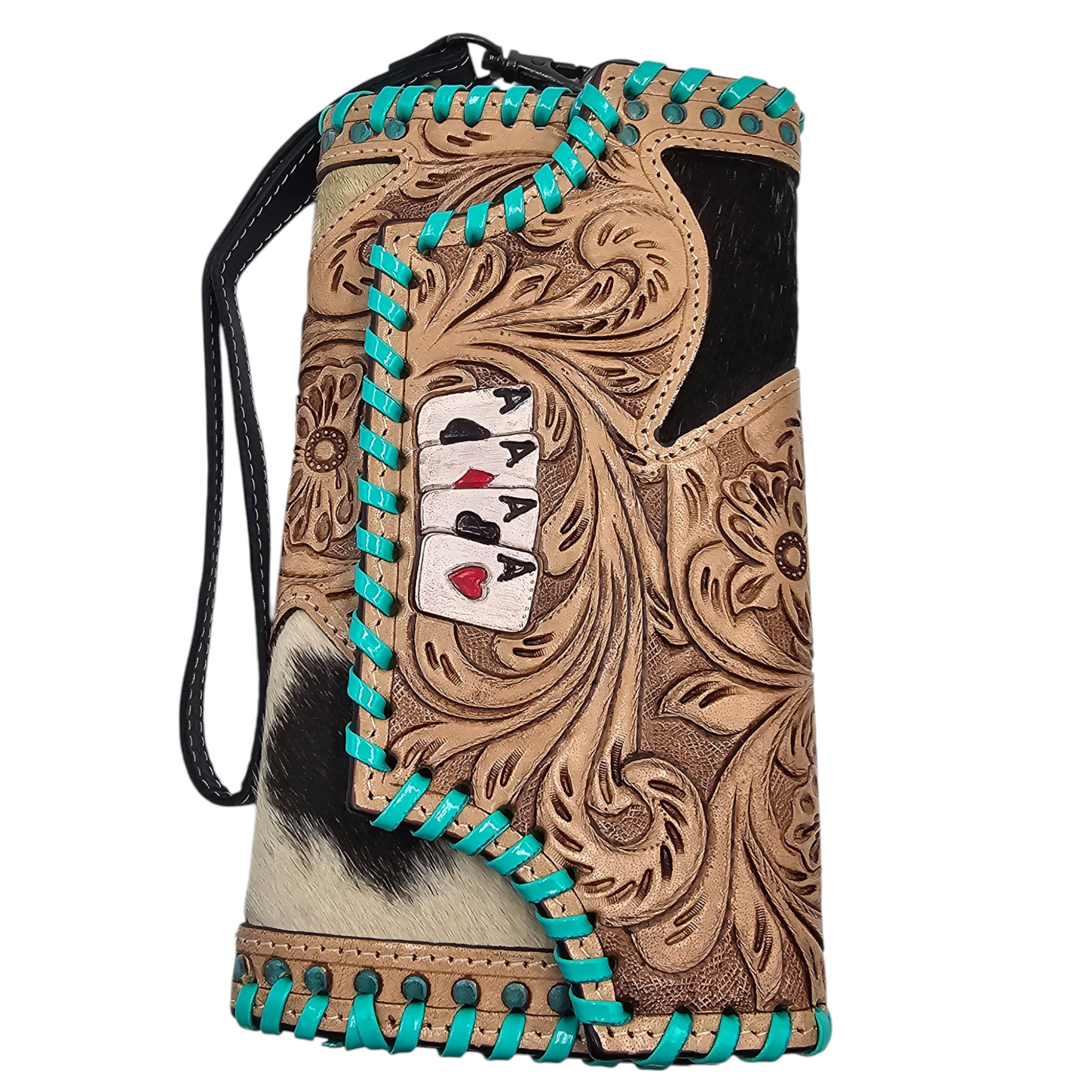 Montana Twist Genuine Leather Cowhide Aces Wallet w/ Turquoise Stitching
