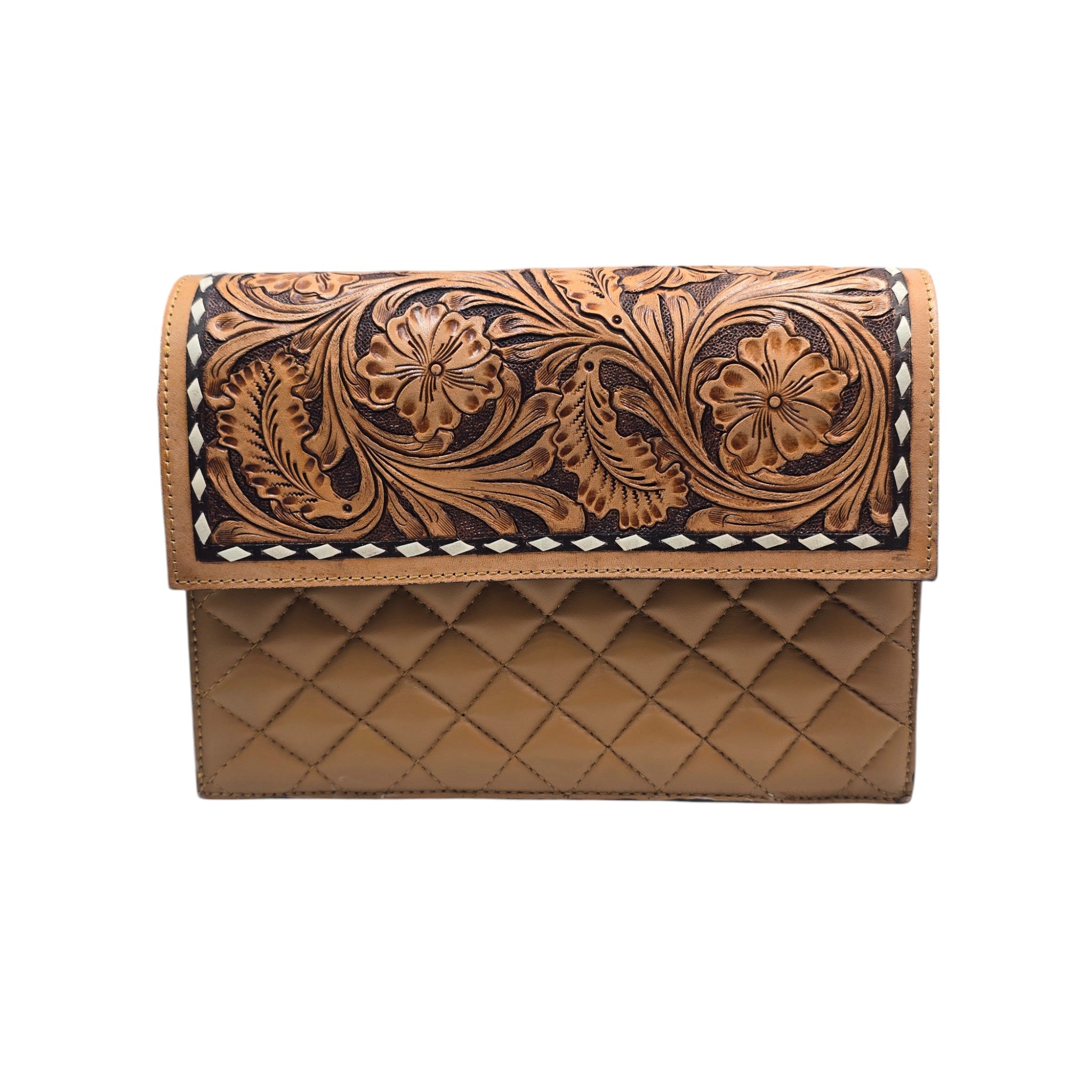 Montana Twist Genuine Leather Quilted Handbag w/ Floral Flap - Honey Brown