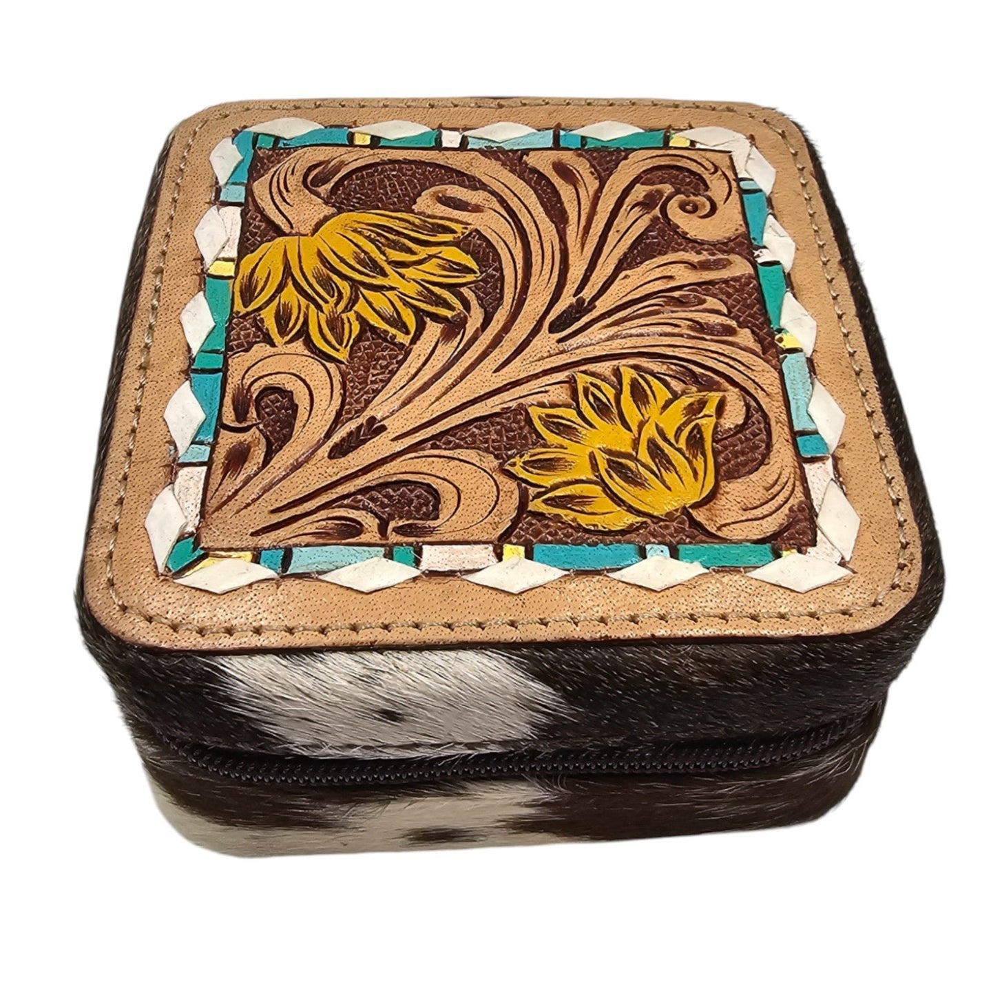 Montana Twist Genuine Leather Embossed Jewelry Case - Yellow Flower