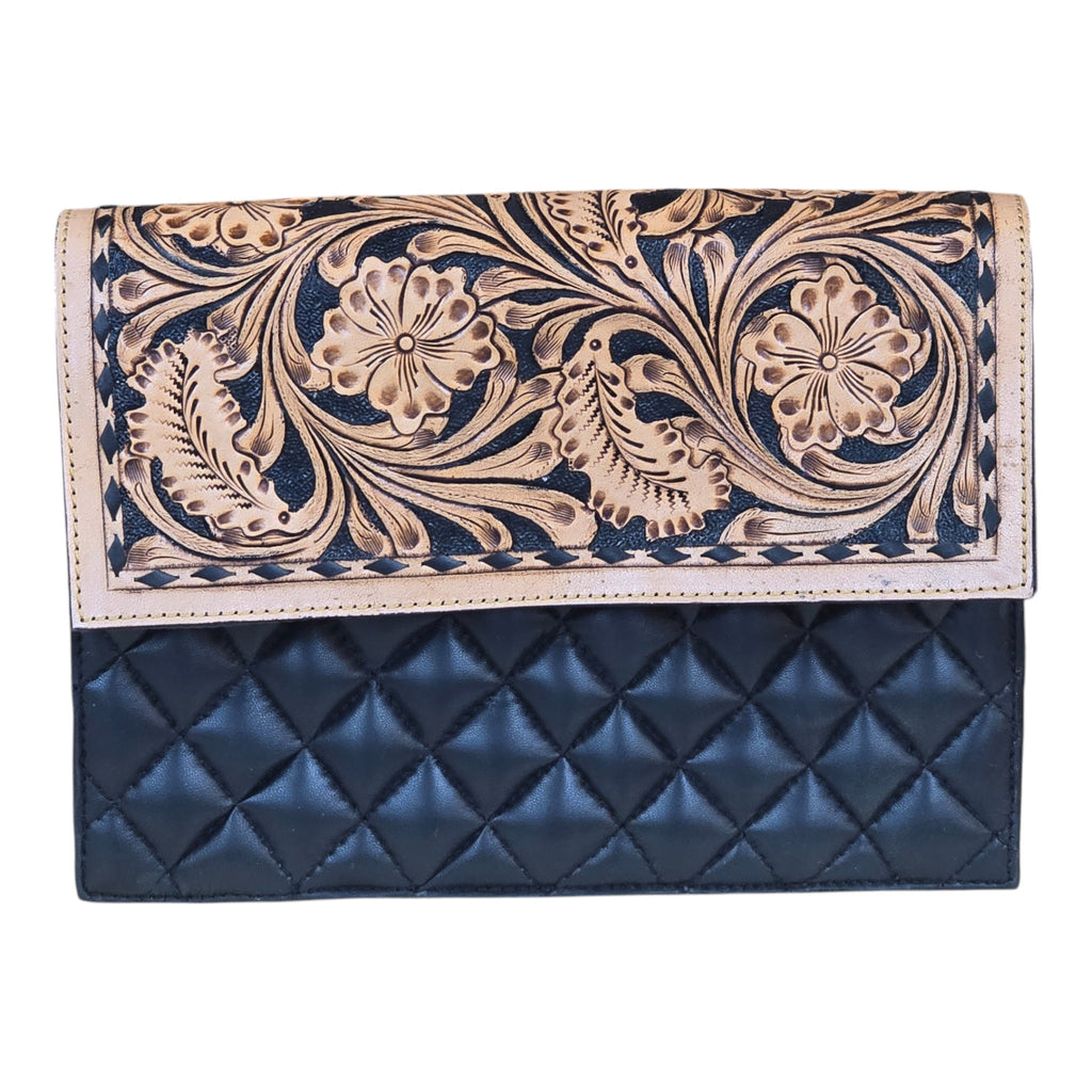 Montana Twist Genuine Leather Quilted Handbag w/ Floral Flap - Black