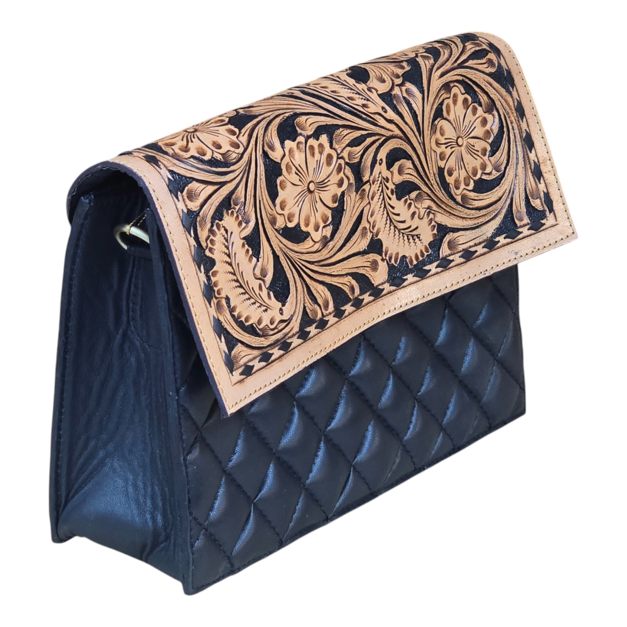 Montana Twist Genuine Leather Quilted Handbag w/ Floral Flap - Black
