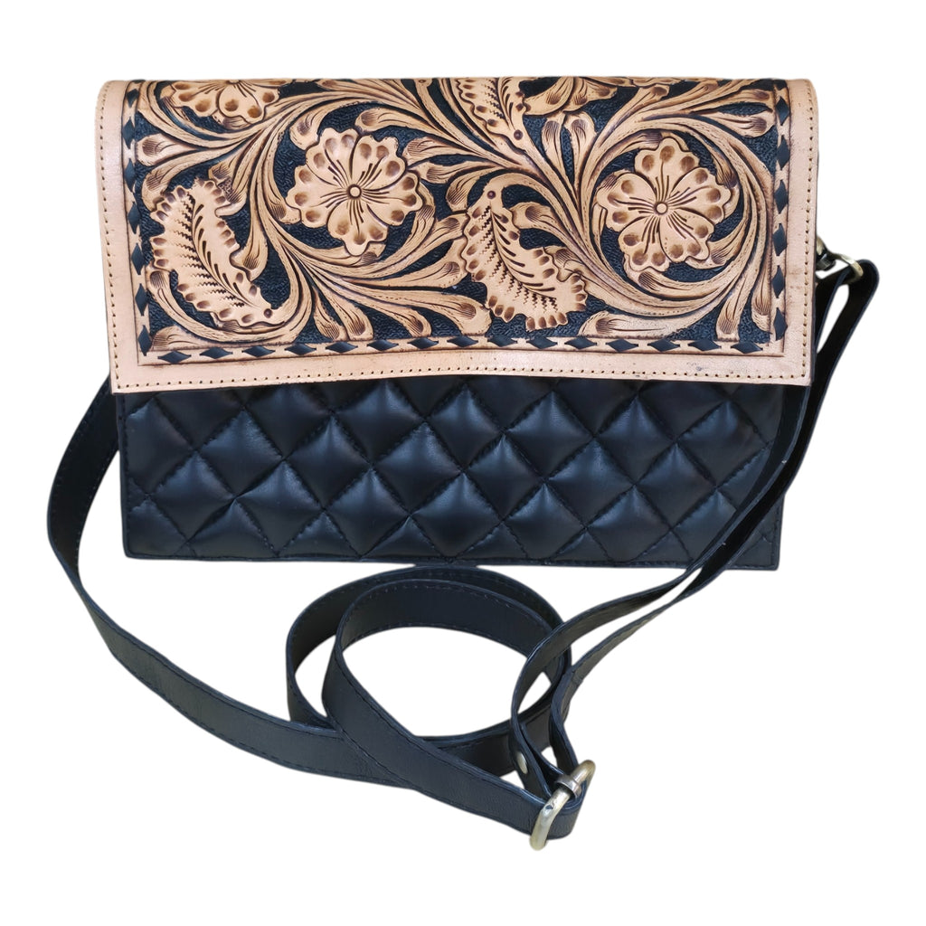 Montana Twist Genuine Leather Quilted Handbag w/ Floral Flap - Black