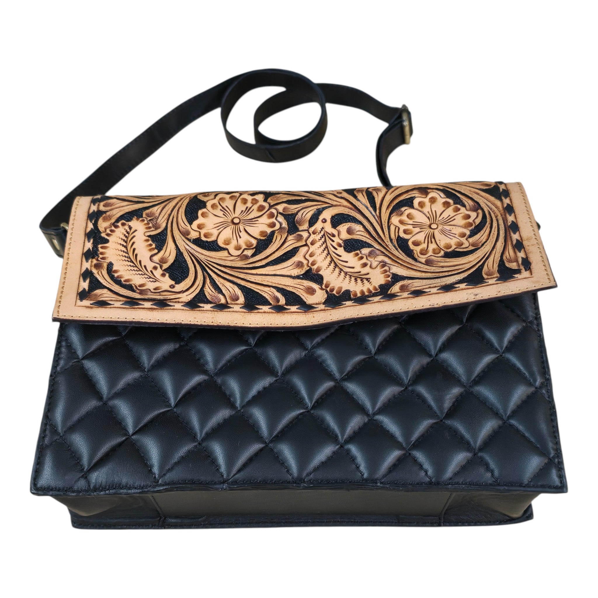 Montana Twist Genuine Leather Quilted Handbag w/ Floral Flap - Black