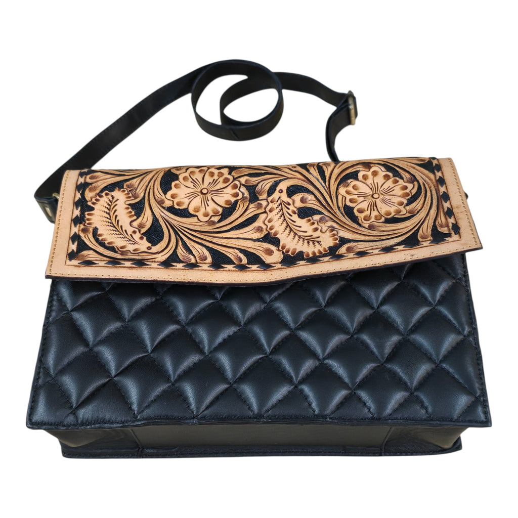 Montana Twist Genuine Leather Quilted Handbag w/ Floral Flap - Black