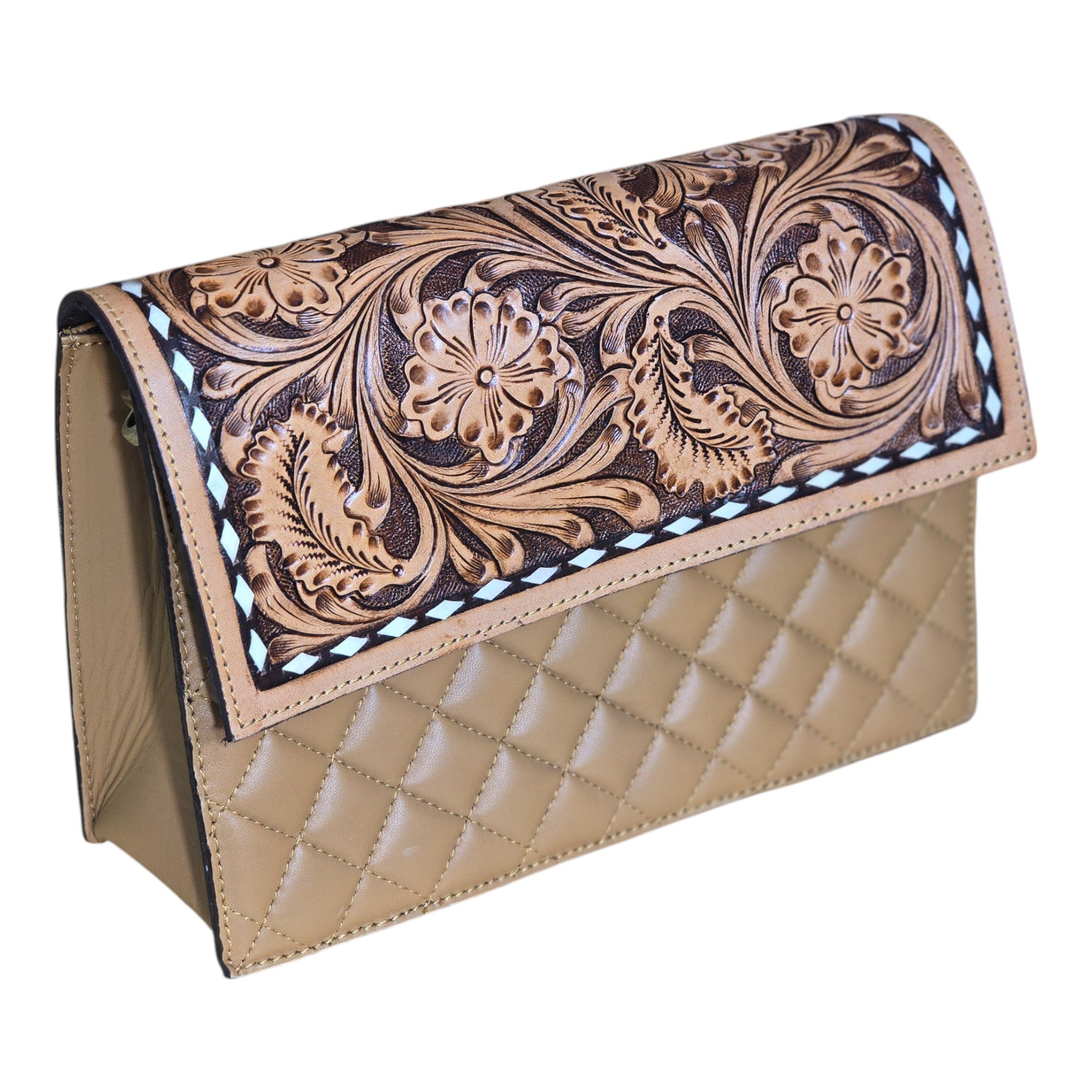 Montana Twist Genuine Leather Quilted Handbag w/ Floral Flap - Honey Brown