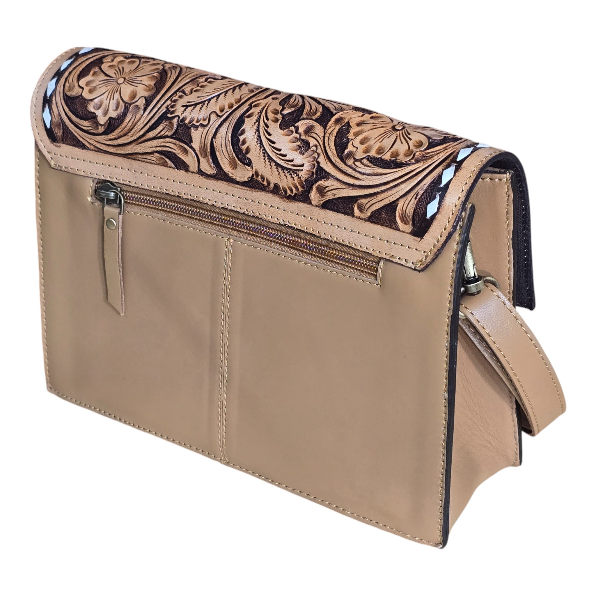 Montana Twist Genuine Leather Quilted Handbag w/ Floral Flap - Honey Brown