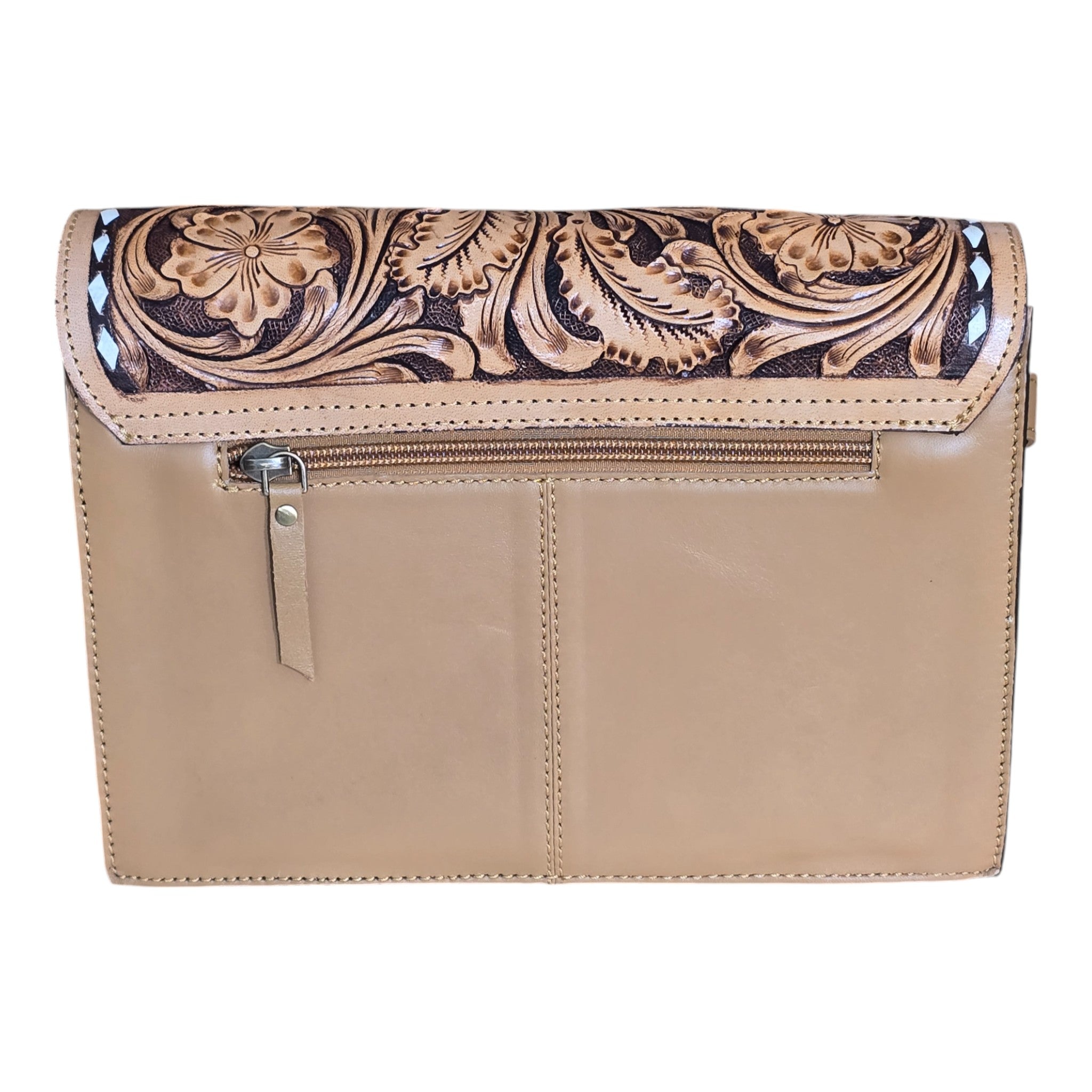 Montana Twist Genuine Leather Quilted Handbag w/ Floral Flap - Honey Brown