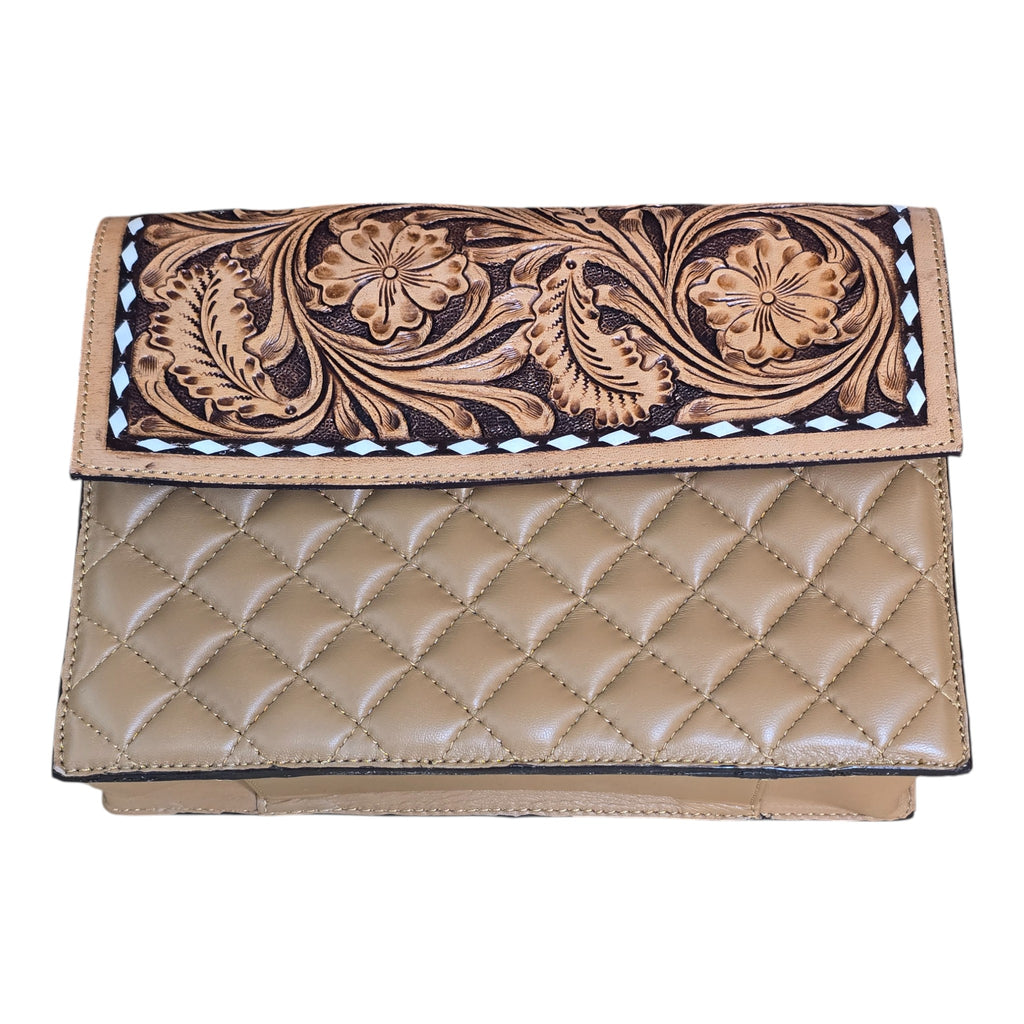 Montana Twist Genuine Leather Quilted Handbag w/ Floral Flap - Honey Brown