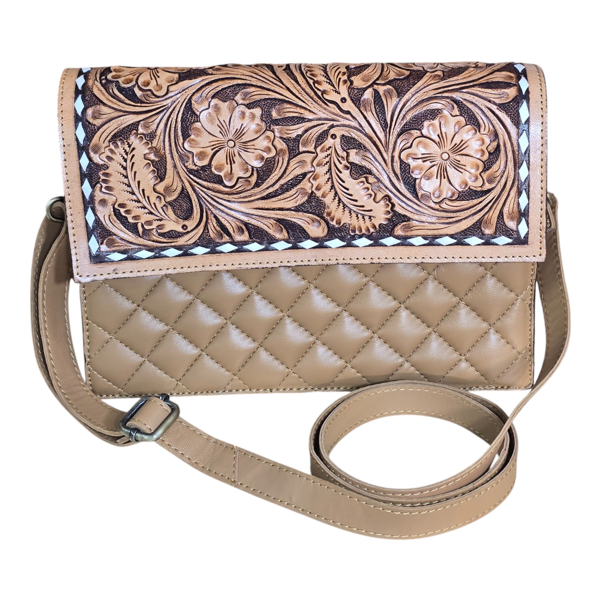 Montana Twist Genuine Leather Quilted Handbag w/ Floral Flap - Honey Brown