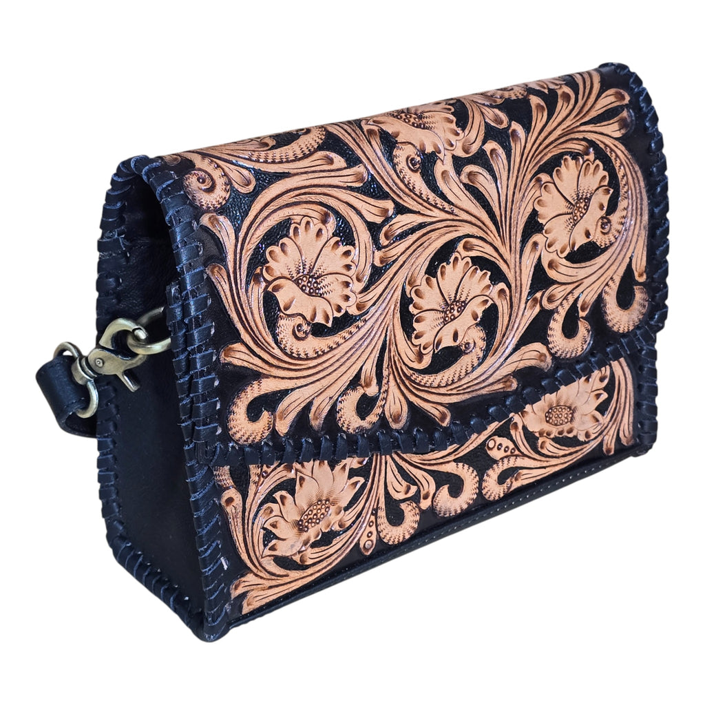 Montana Twist Genuine Leather Floral Handbag - Black