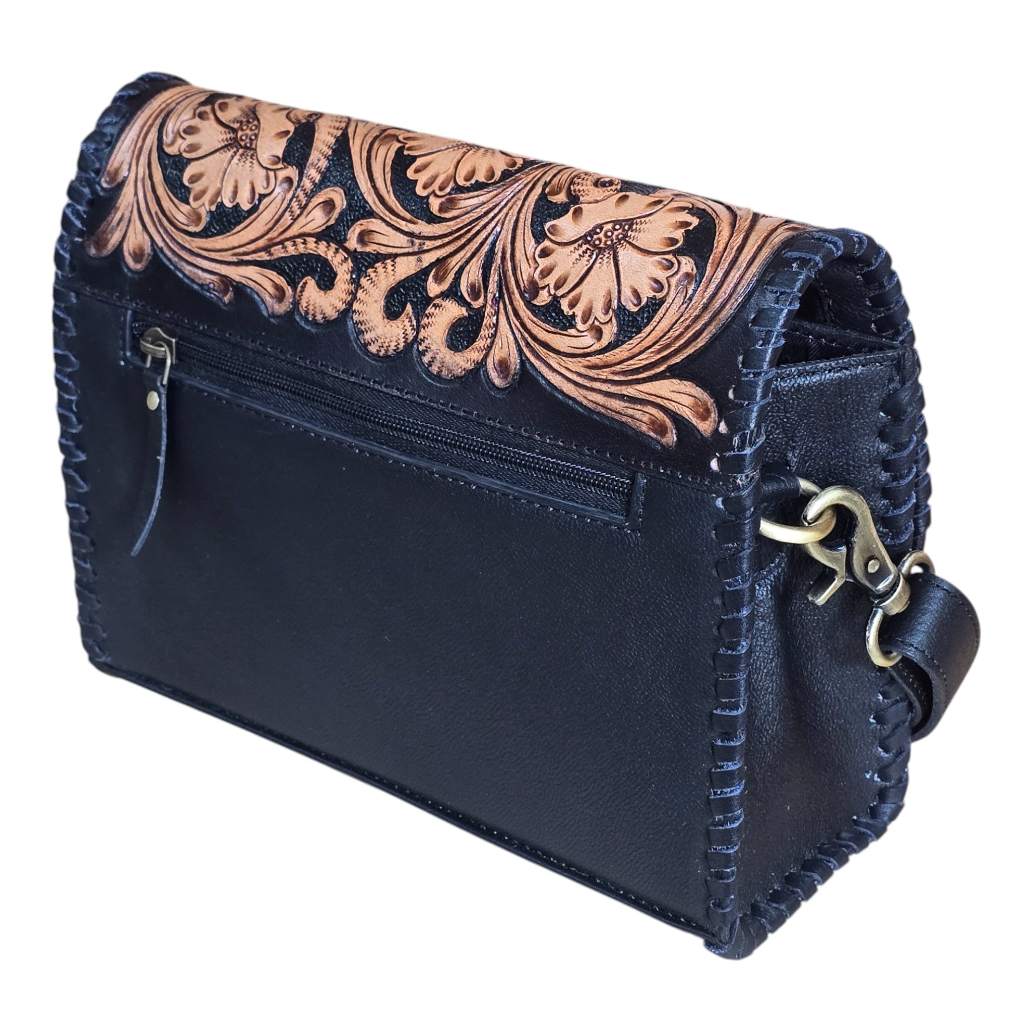 Montana Twist Genuine Leather Floral Handbag - Black
