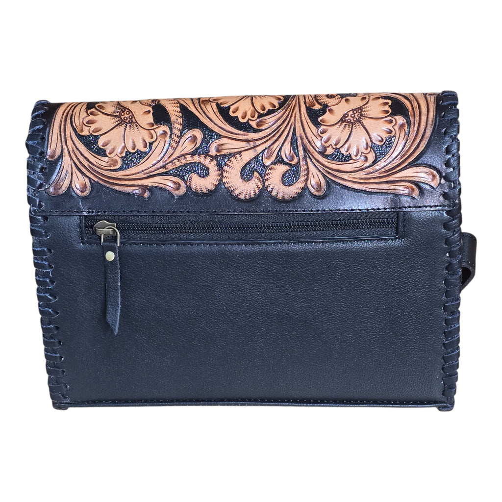 Montana Twist Genuine Leather Floral Handbag - Black