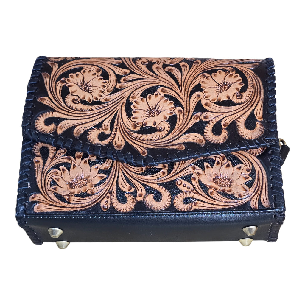 Montana Twist Genuine Leather Floral Handbag - Black