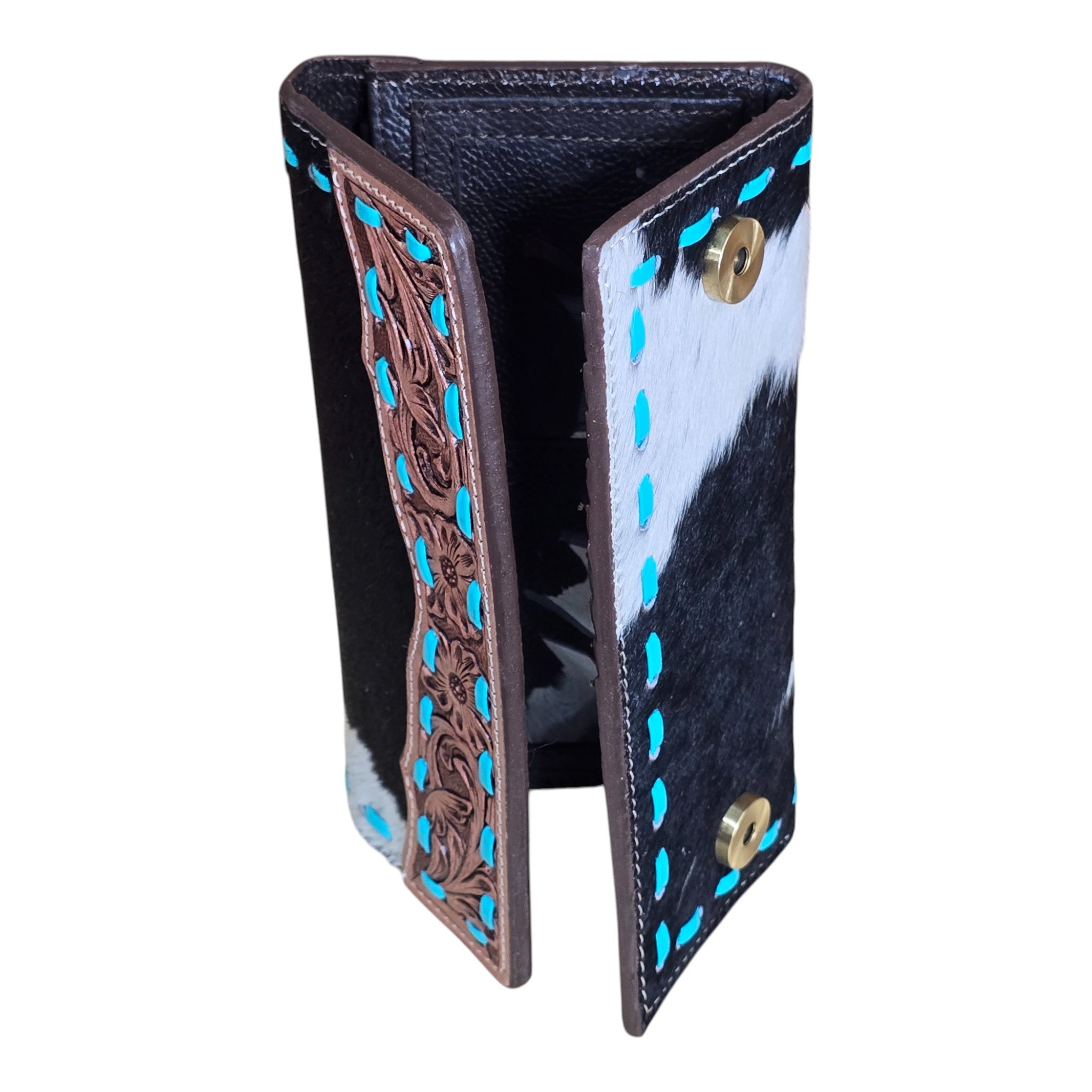 Montana Twist Genuine Leather Cowhide Wallet w/ Turquoise Stitching