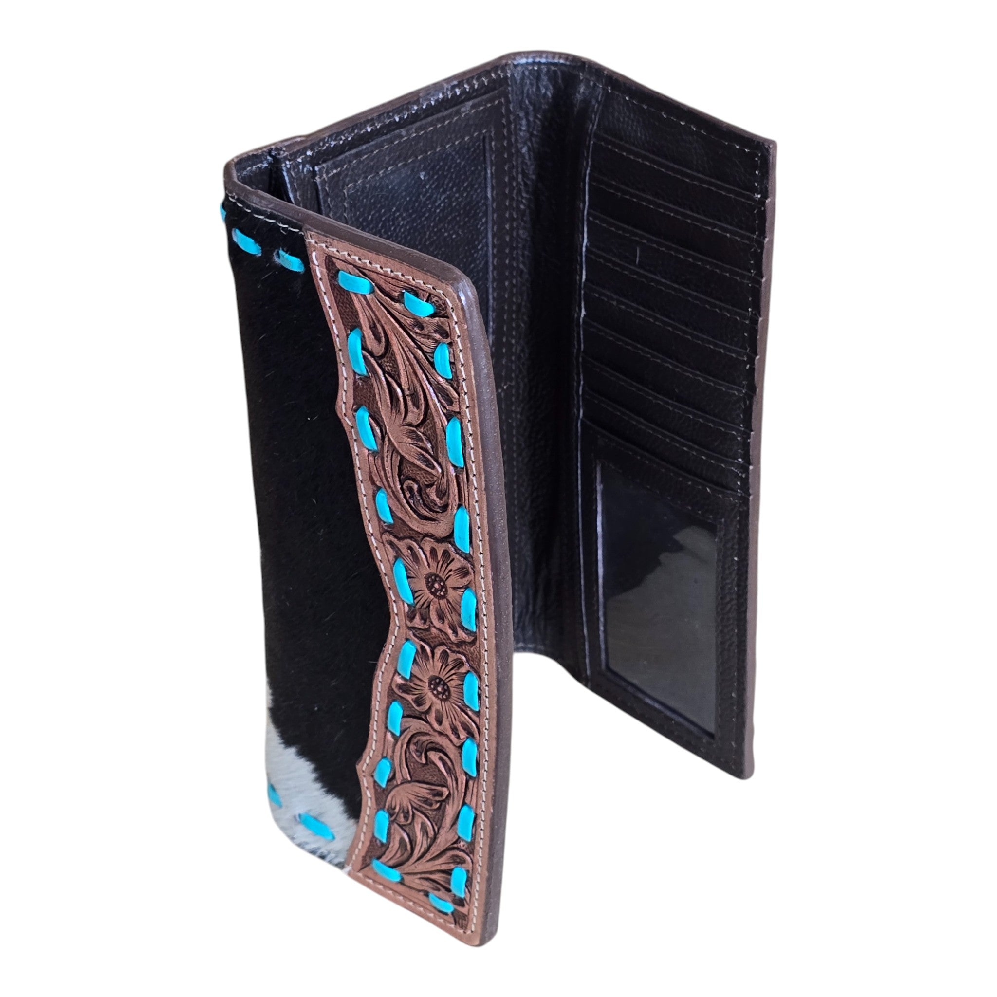 Montana Twist Genuine Leather Cowhide Wallet w/ Turquoise Stitching