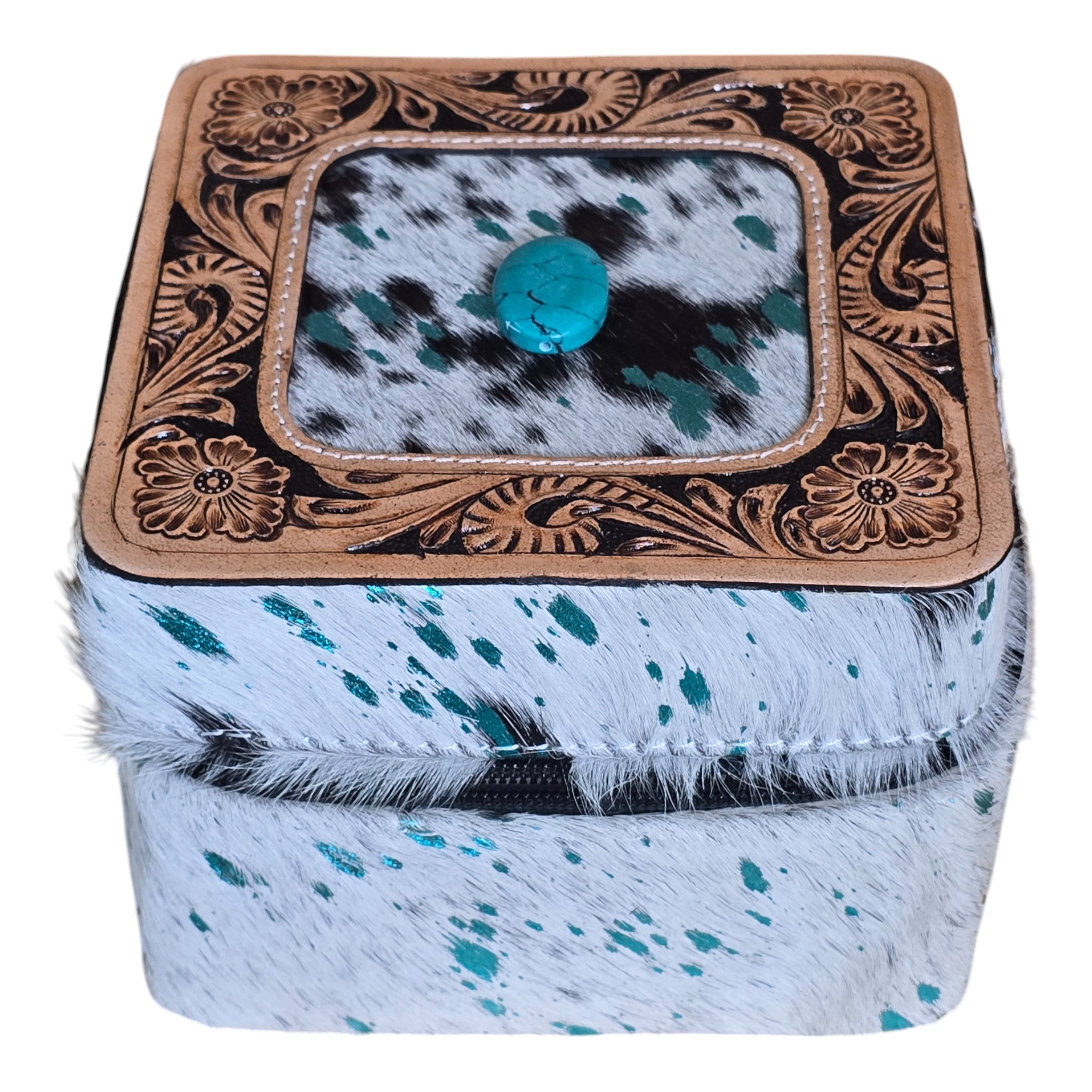 Montana Twist Genuine Leather Large Hair-On Jewelry Box - Turquoise Speckled