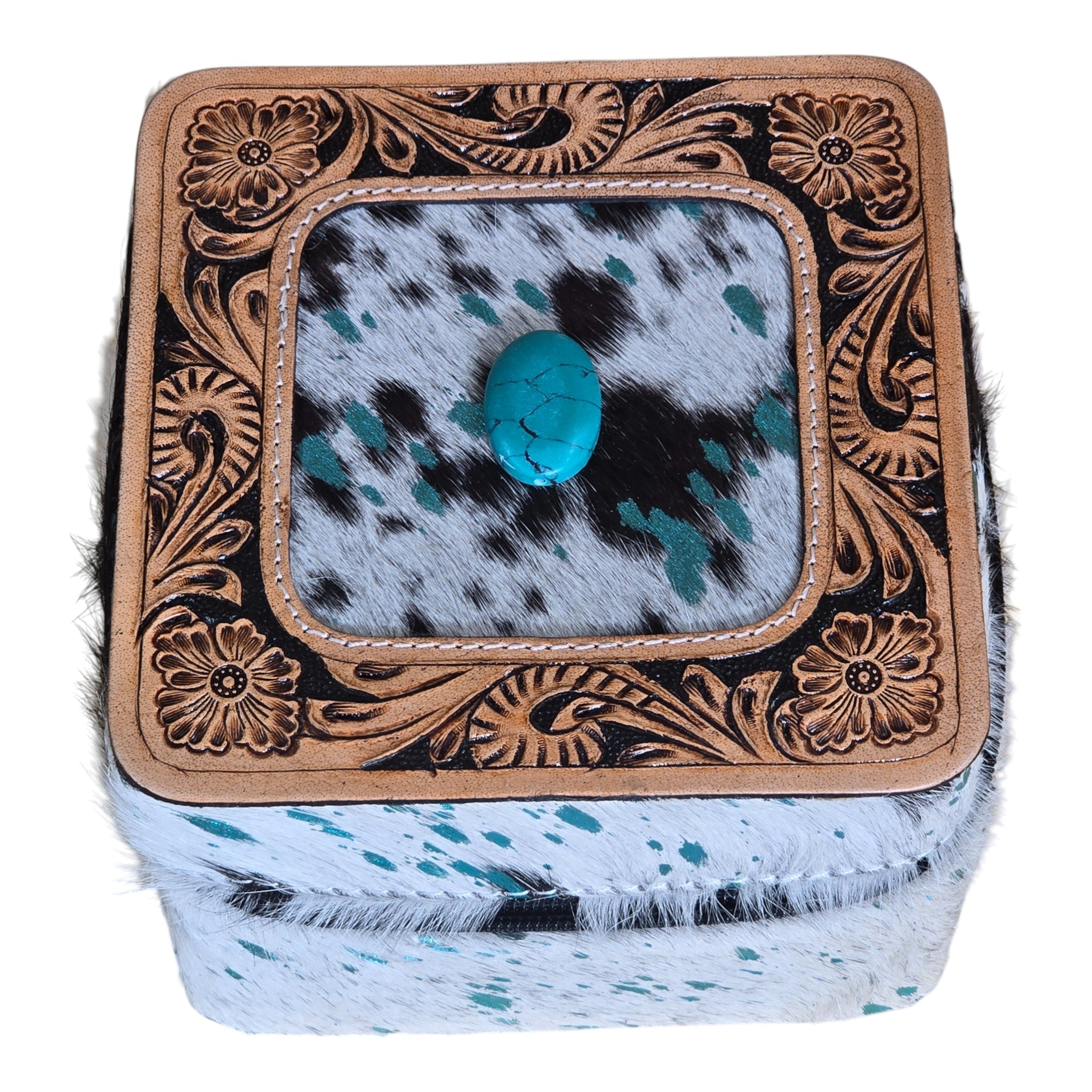 Montana Twist Genuine Leather Large Hair-On Jewelry Box - Turquoise Speckled