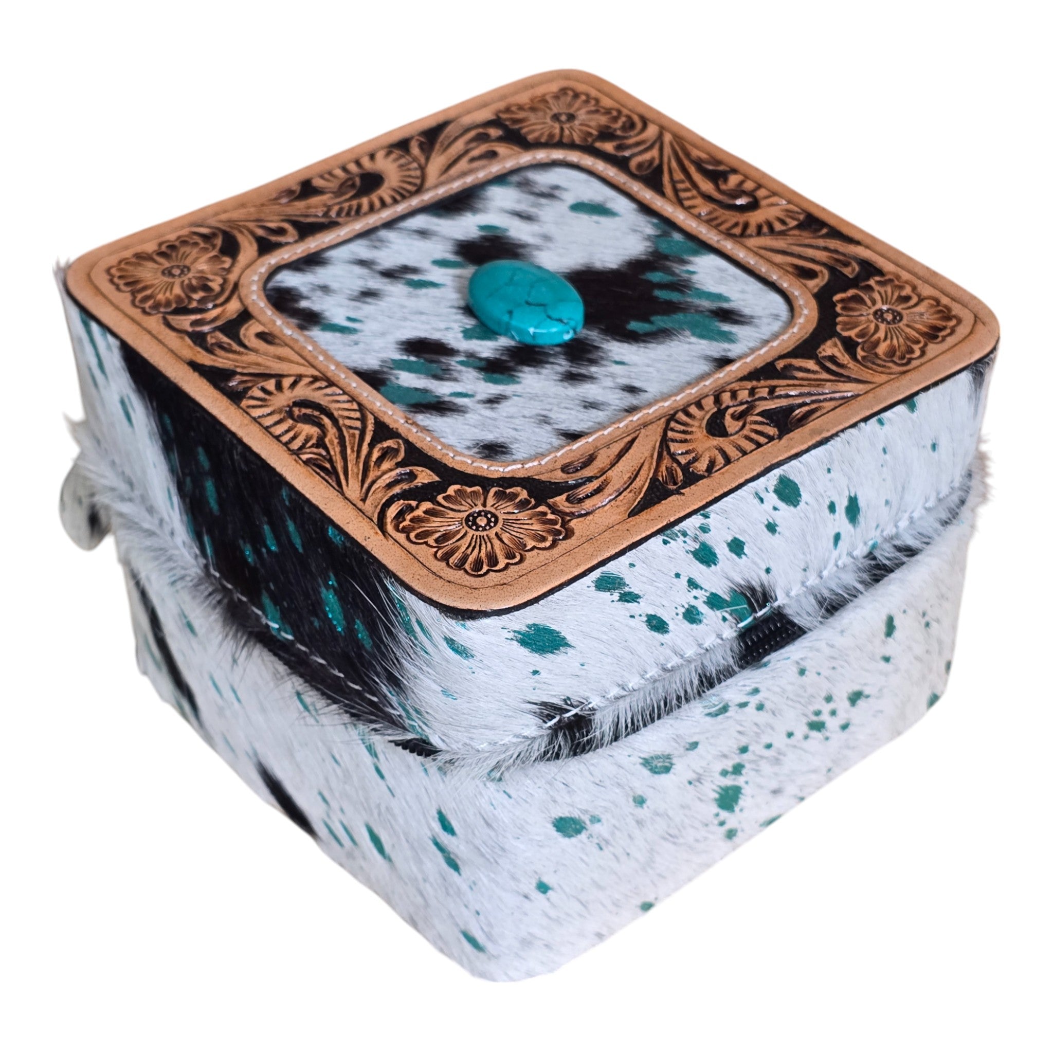 Montana Twist Genuine Leather Large Hair-On Jewelry Box - Turquoise Speckled