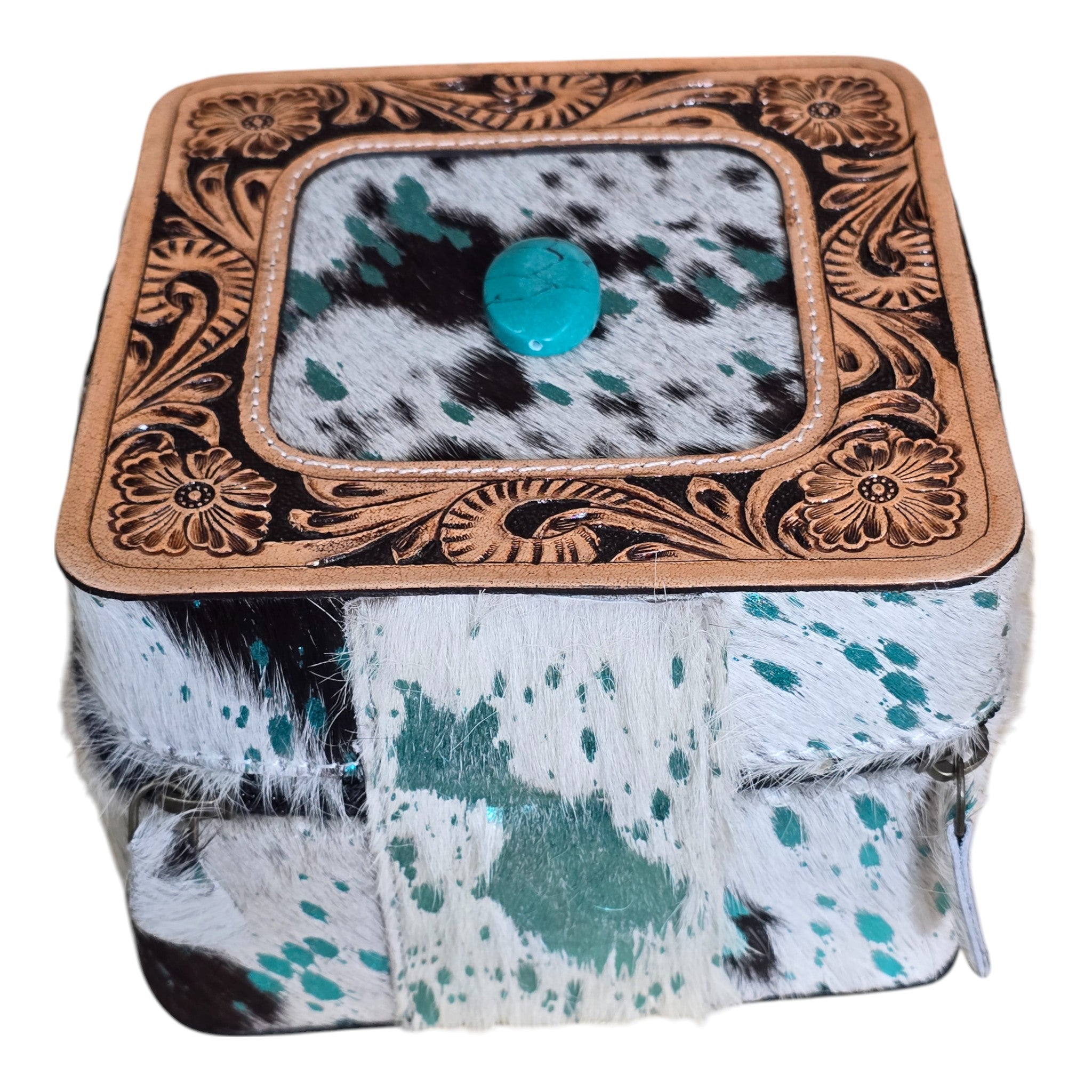 Montana Twist Genuine Leather Large Hair-On Jewelry Box - Turquoise Speckled