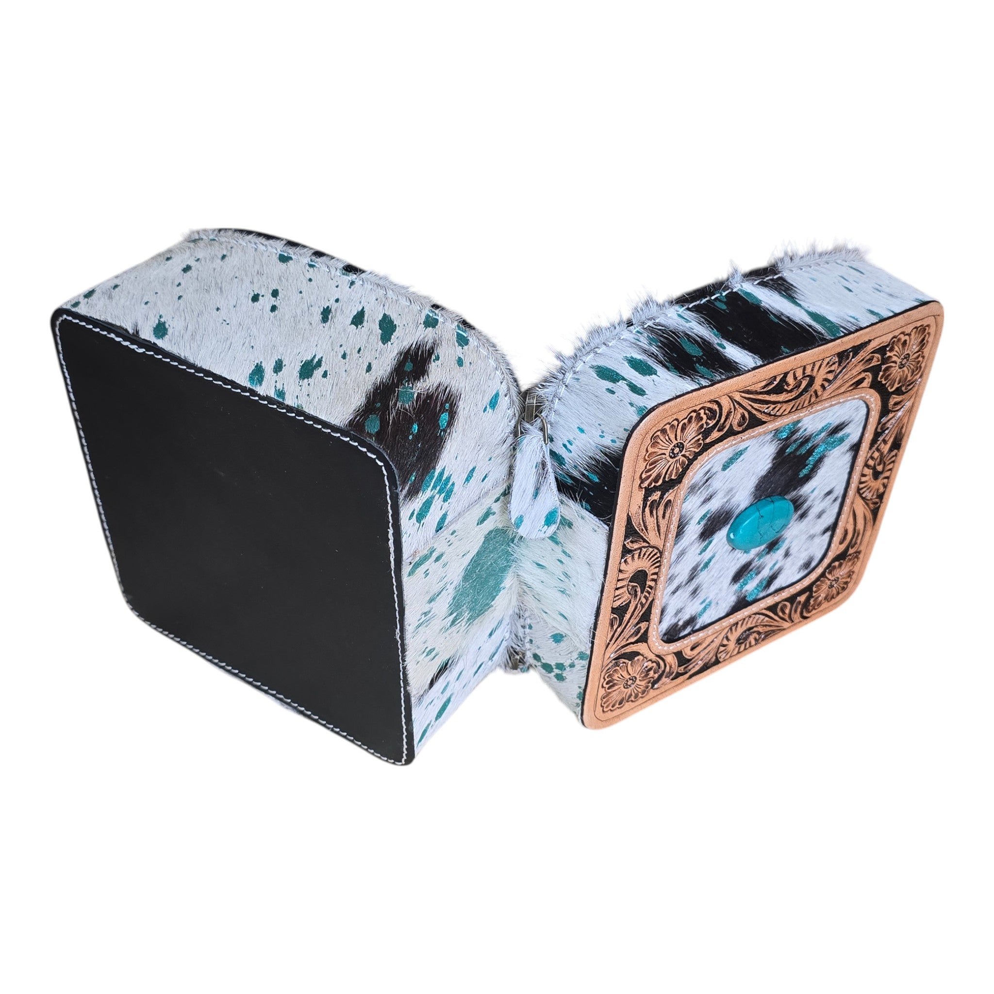 Montana Twist Genuine Leather Large Hair-On Jewelry Box - Turquoise Speckled