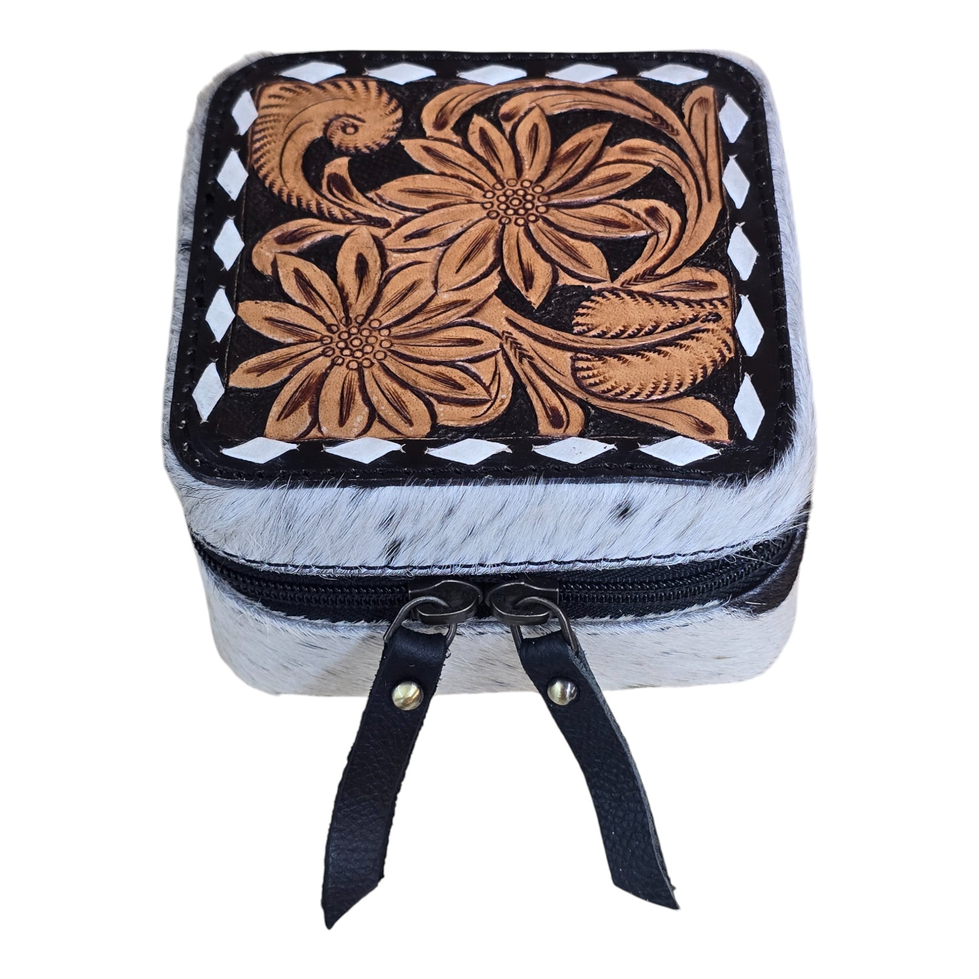 Montana Twist Genuine Leather Hand-Tooled Flower Jewelry Case - Black