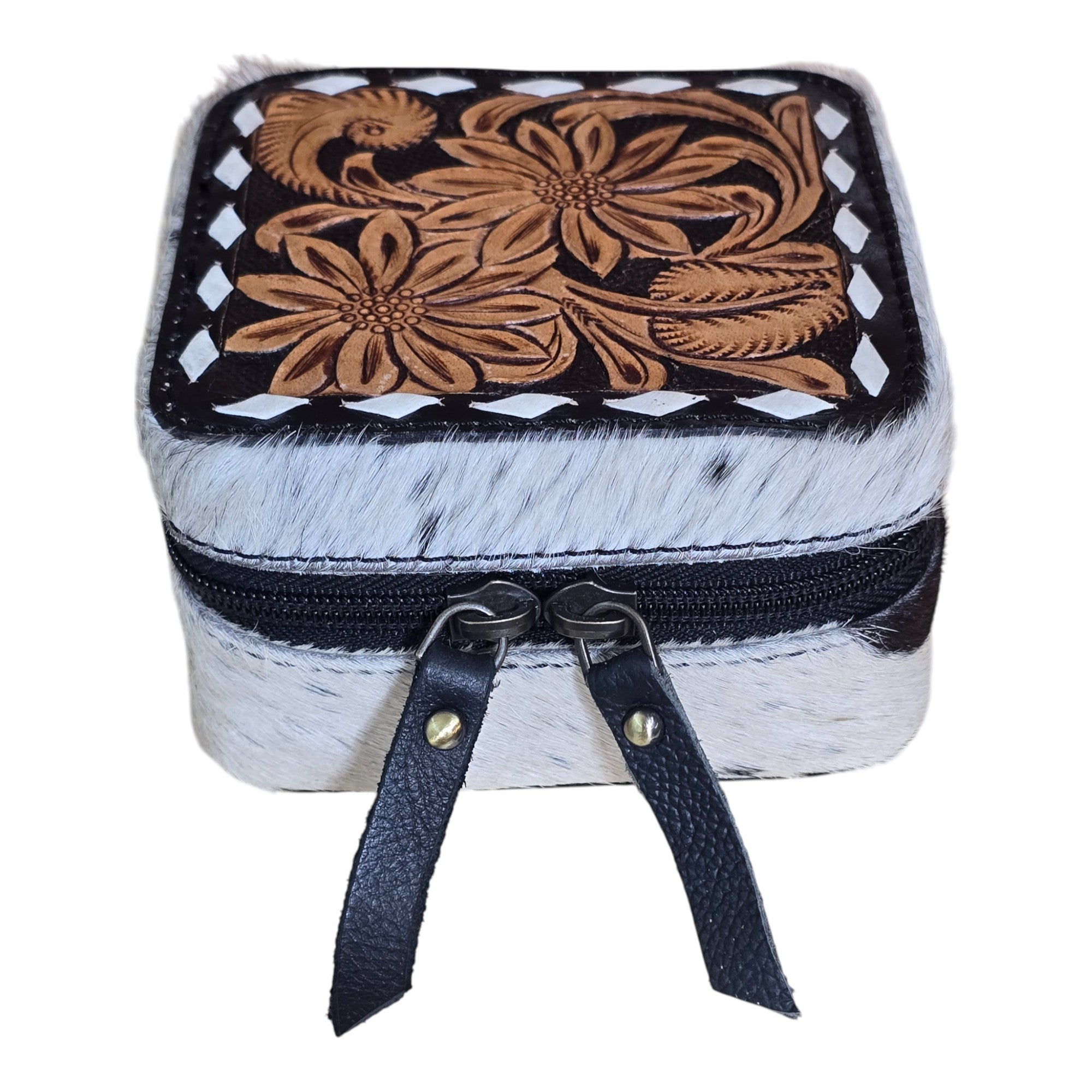 Montana Twist Genuine Leather Hand-Tooled Flower Jewelry Case - Black