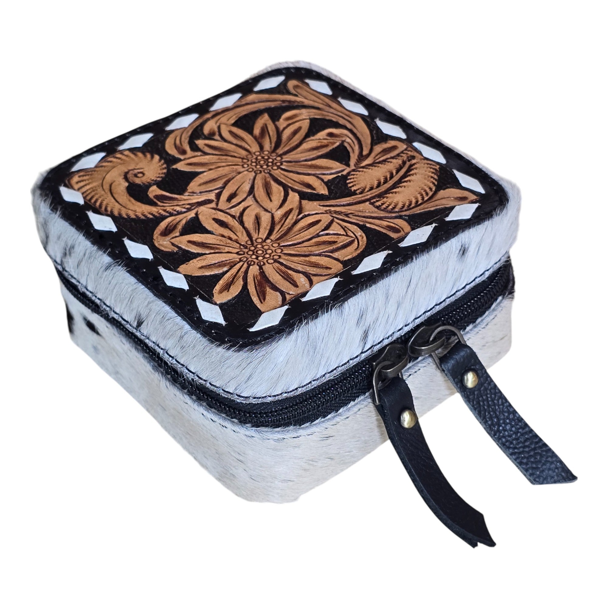 Montana Twist Genuine Leather Hand-Tooled Flower Jewelry Case - Black