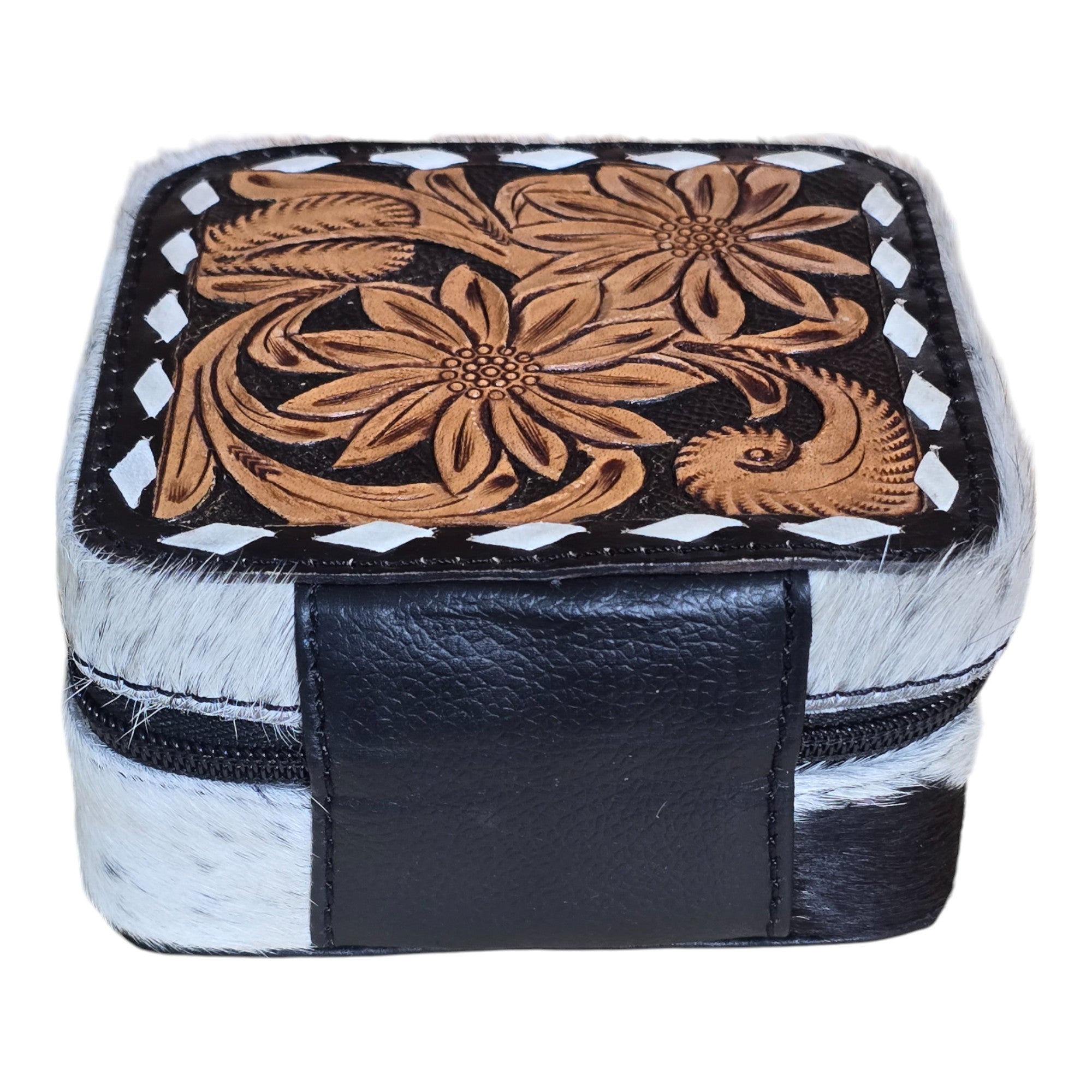 Montana Twist Genuine Leather Hand-Tooled Flower Jewelry Case - Black