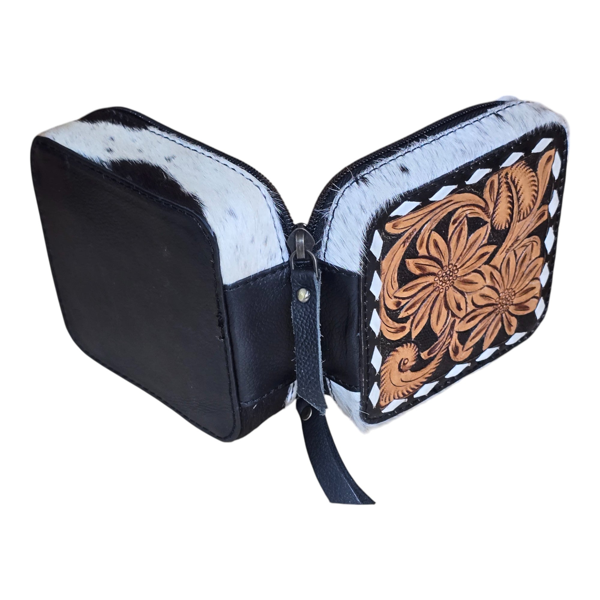 Montana Twist Genuine Leather Hand-Tooled Flower Jewelry Case - Black