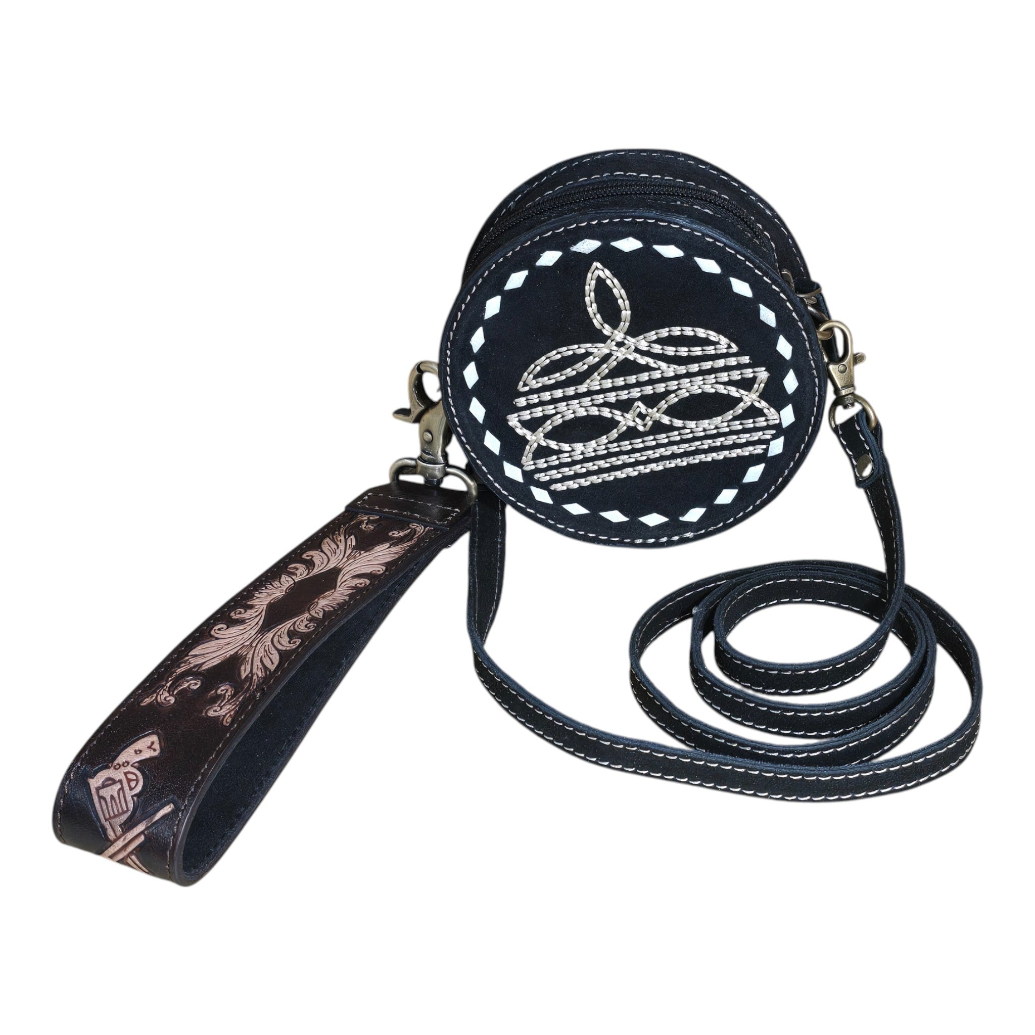 Montana Twist Genuine Suede Leather Small Boot Stitch Canteen Purse - Black