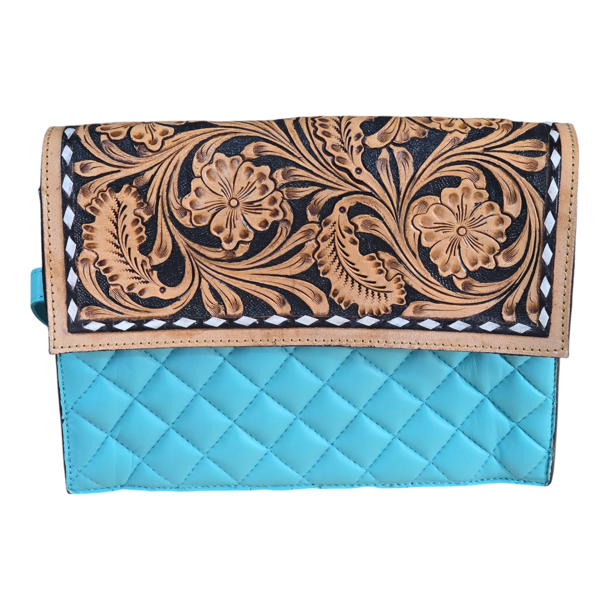 Montana Twist Genuine Leather Quilted Handbag w/ Floral Flap - Turquoise