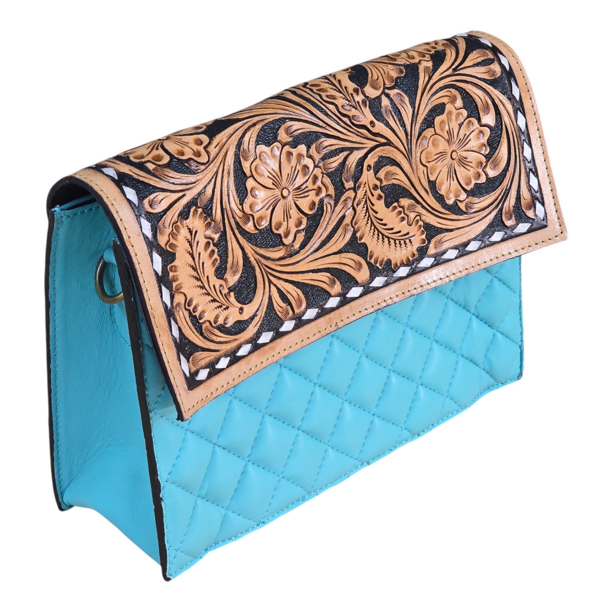 Montana Twist Genuine Leather Quilted Handbag w/ Floral Flap - Turquoise