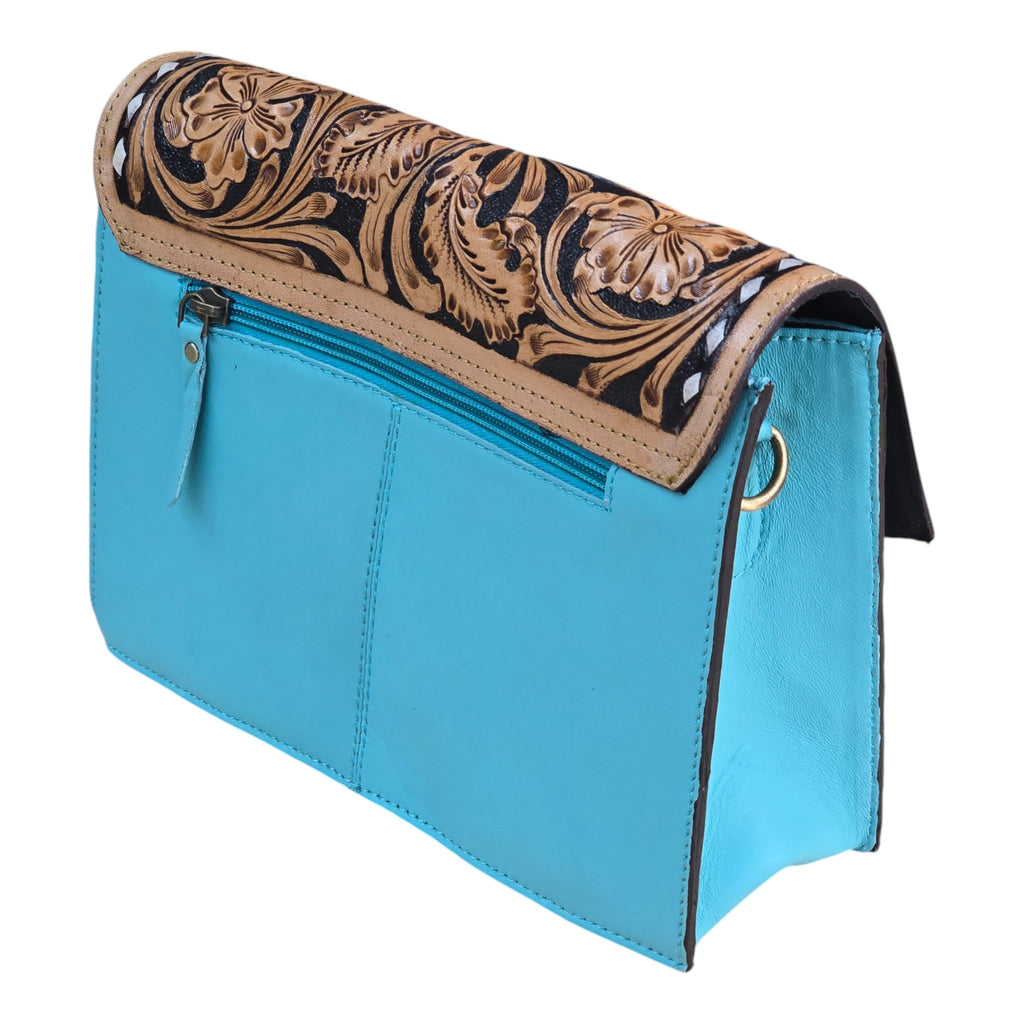 Montana Twist Genuine Leather Quilted Handbag w/ Floral Flap - Turquoise