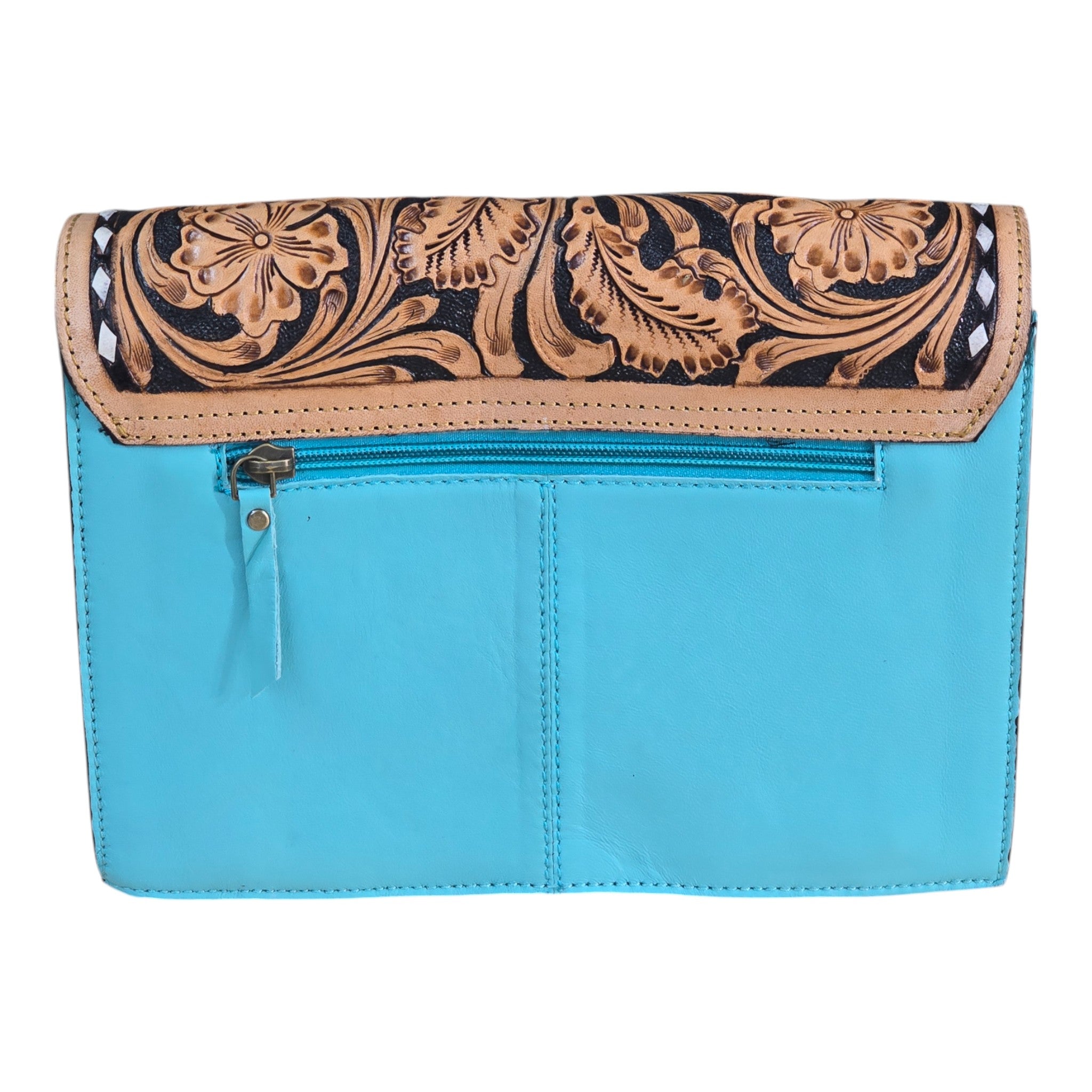 Montana Twist Genuine Leather Quilted Handbag w/ Floral Flap - Turquoise