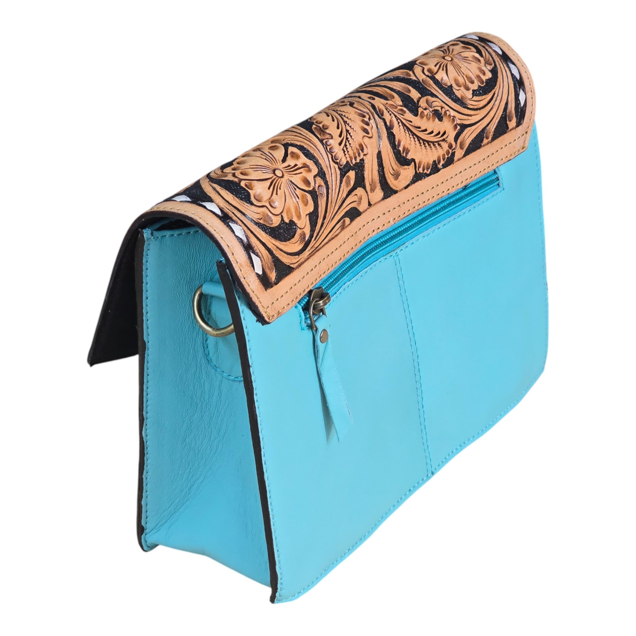 Montana Twist Genuine Leather Quilted Handbag w/ Floral Flap - Turquoise