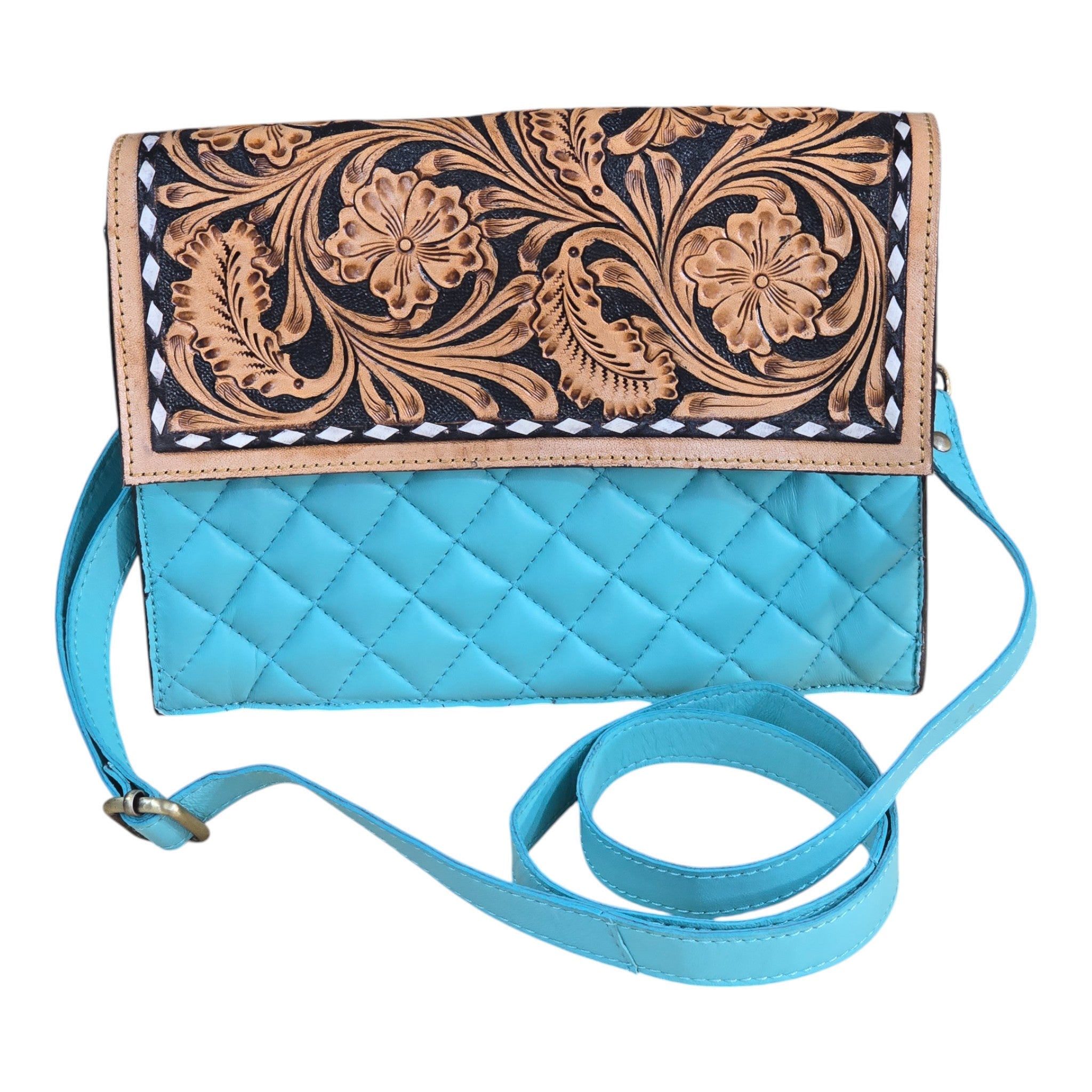 Montana Twist Genuine Leather Quilted Handbag w/ Floral Flap - Turquoise