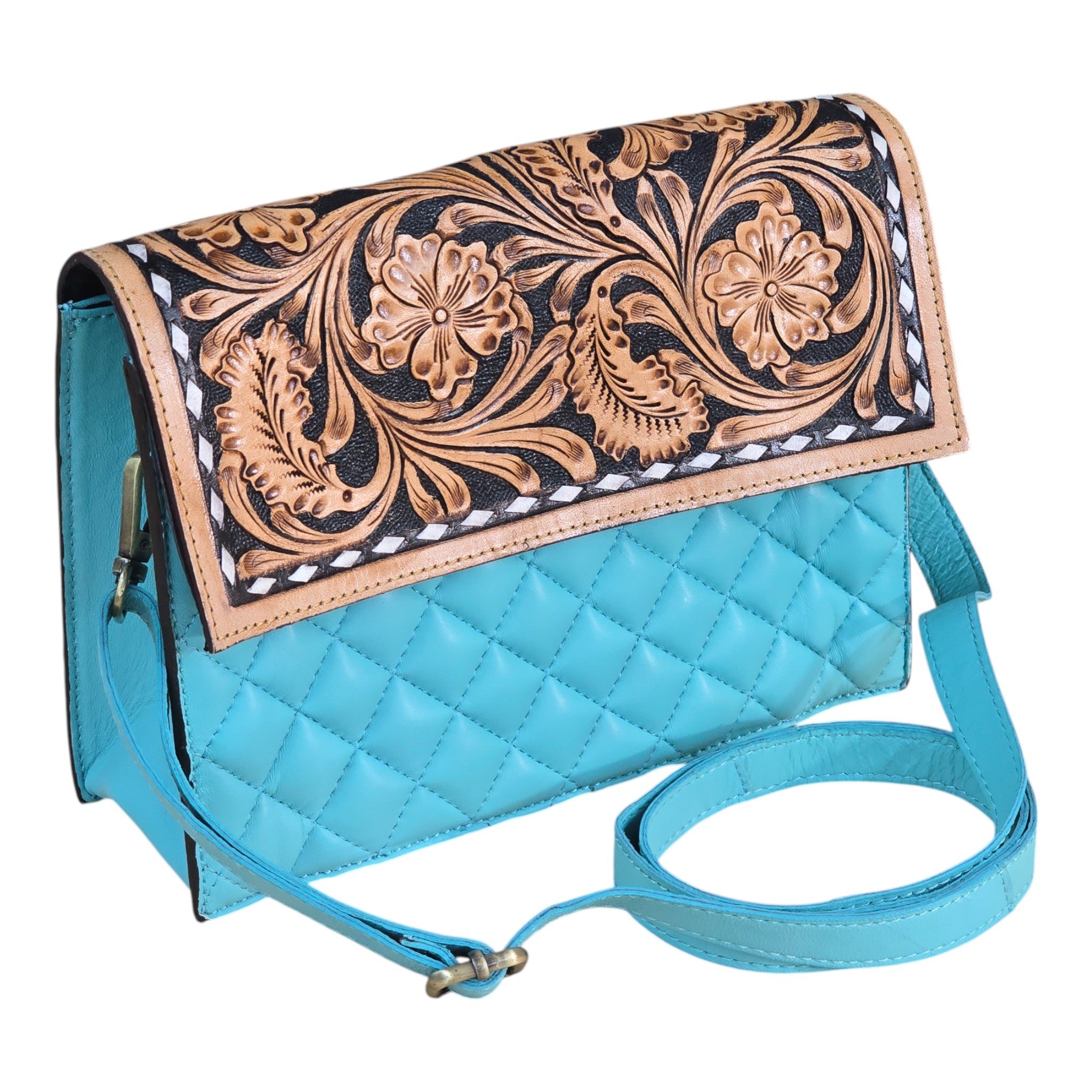 Montana Twist Genuine Leather Quilted Handbag w/ Floral Flap - Turquoise