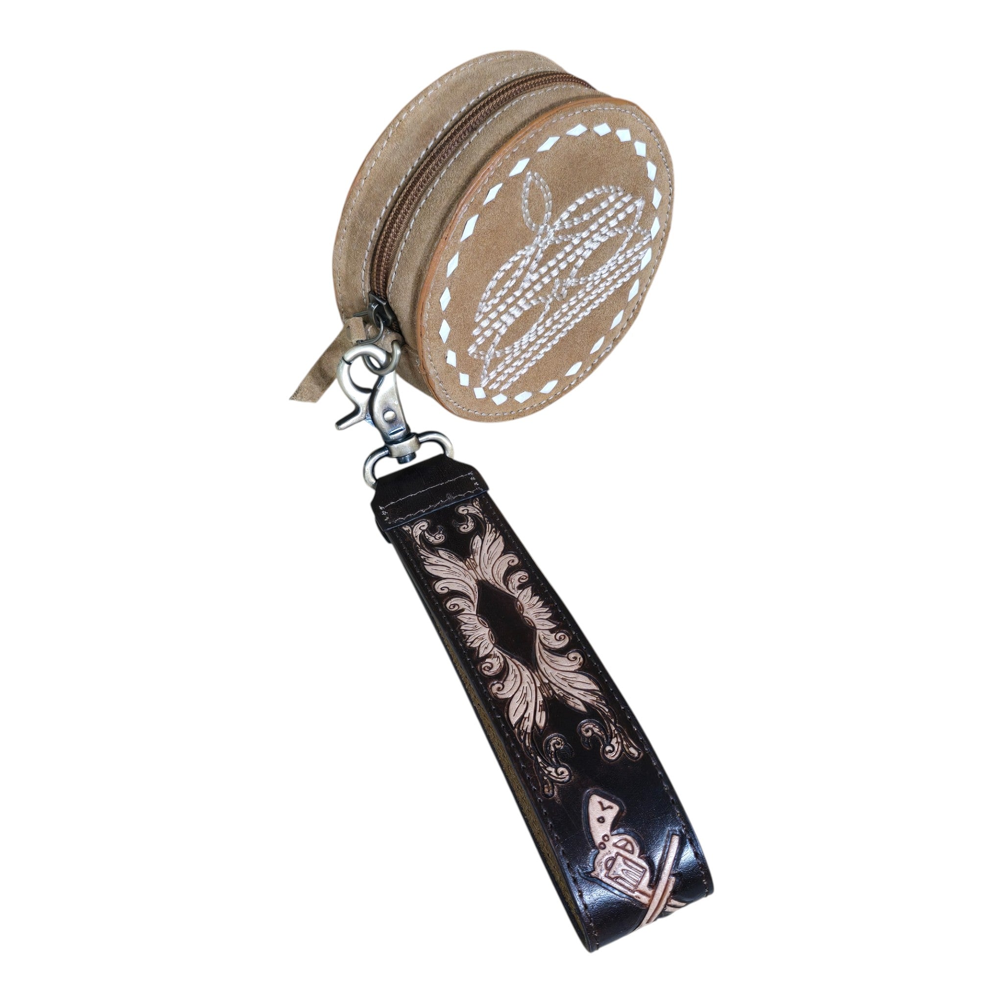 Montana Twist Genuine Leather Small Round Boot Stitch Bag w/Clutch Strap - Honey Brown