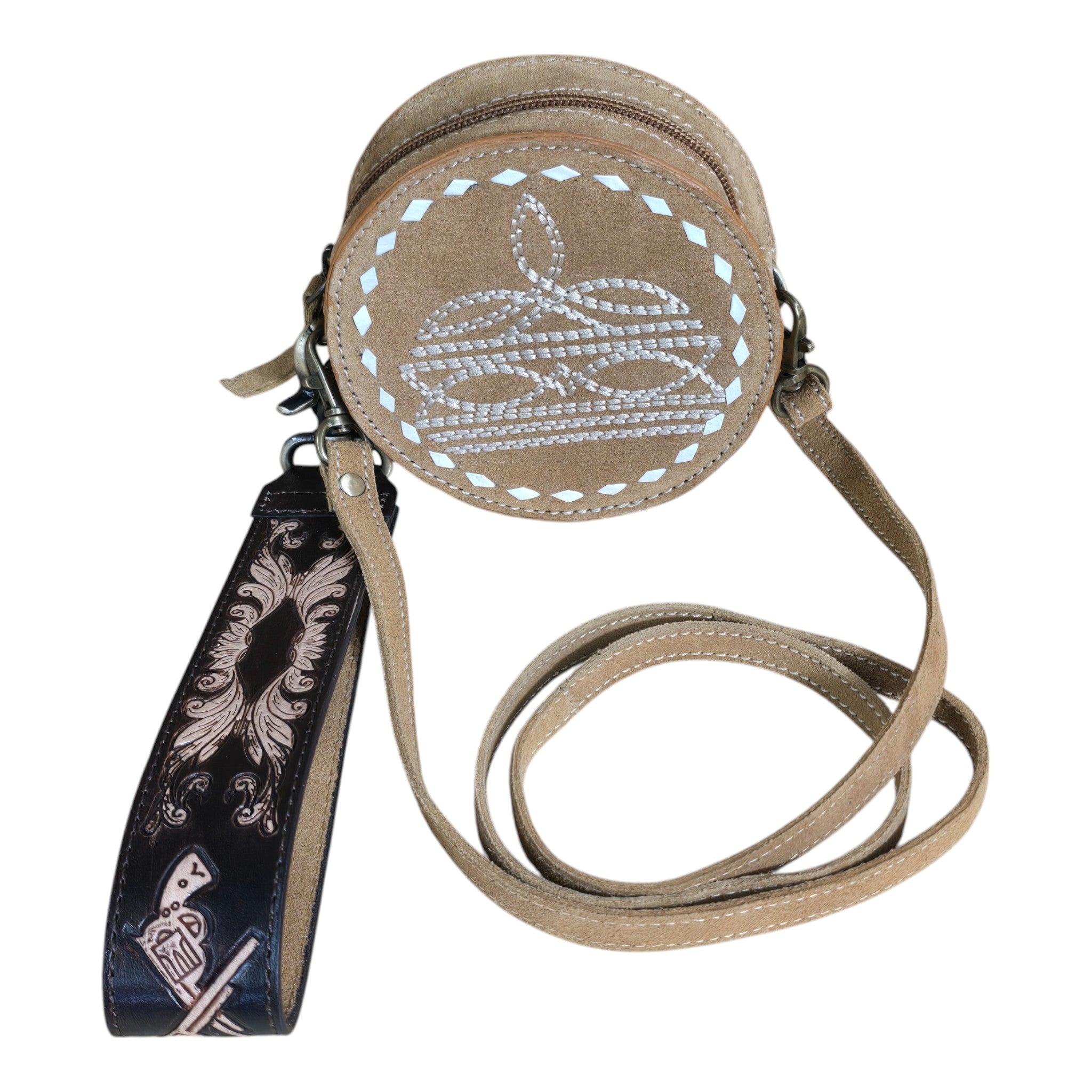 Montana Twist Genuine Leather Small Round Boot Stitch Bag w/Clutch Strap - Honey Brown