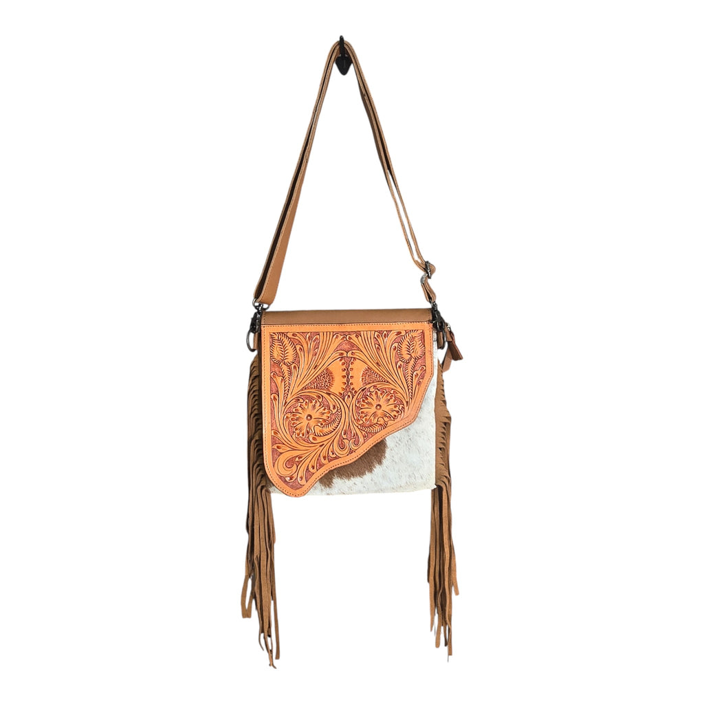 Montana Twist Genuine Leather Hair-on Handbag w/ Tooled Leather Flap - Saddle Brown