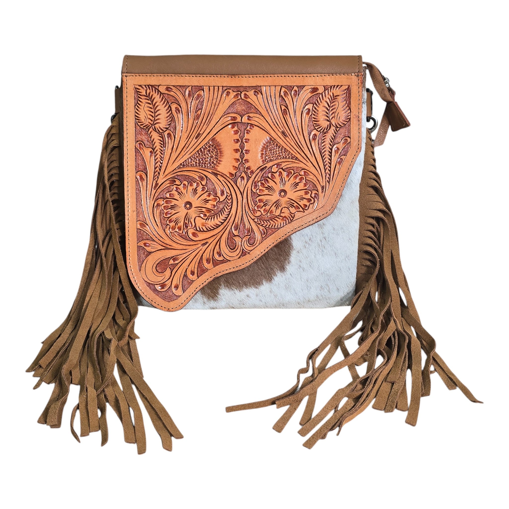 Montana Twist Genuine Leather Hair-on Handbag w/ Tooled Leather Flap - Saddle Brown