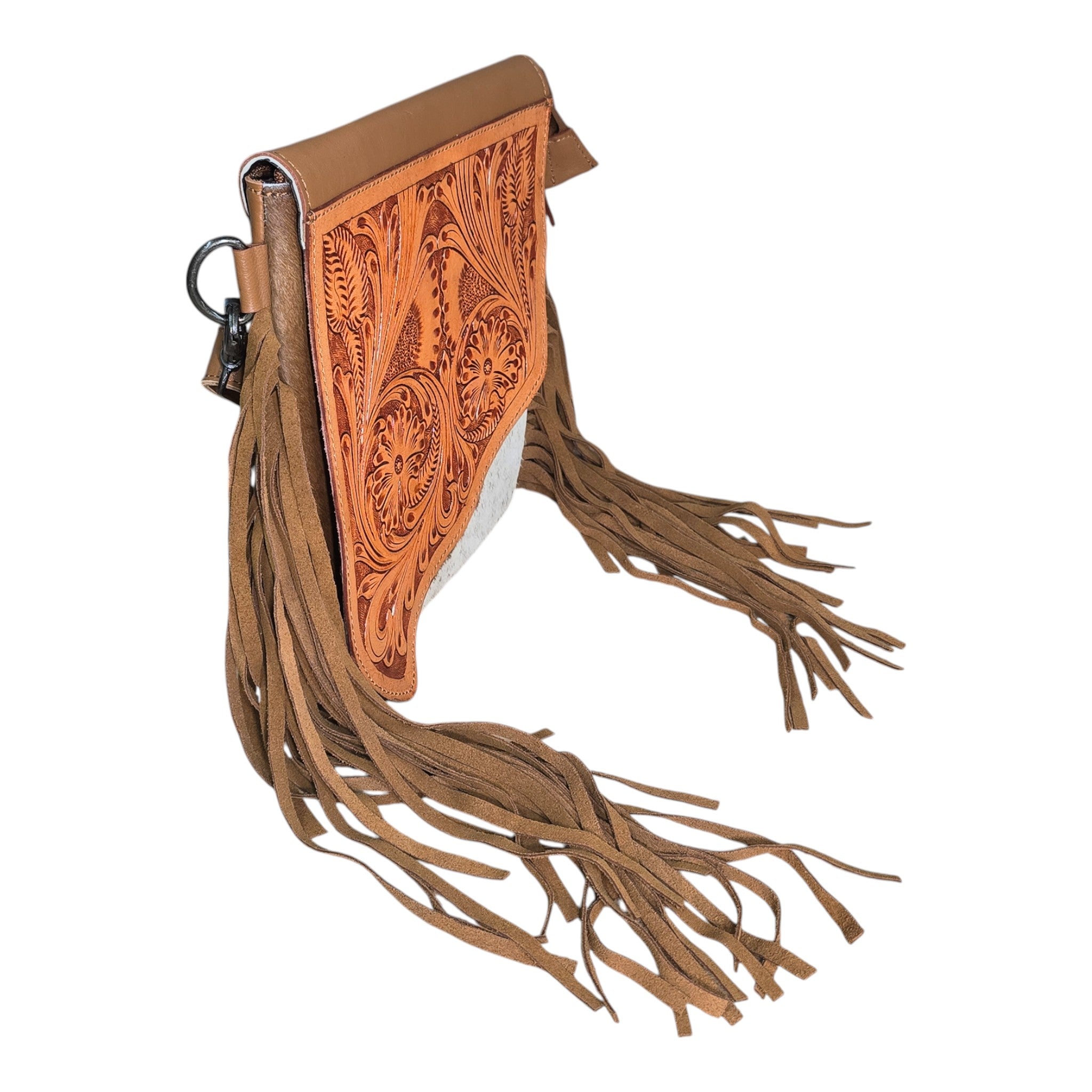 Montana Twist Genuine Leather Hair-on Handbag w/ Tooled Leather Flap - Saddle Brown