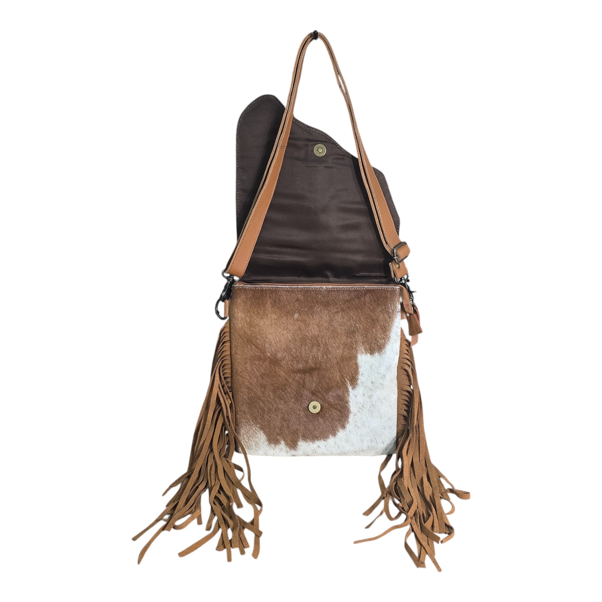 Montana Twist Genuine Leather Hair-on Handbag w/ Tooled Leather Flap - Saddle Brown