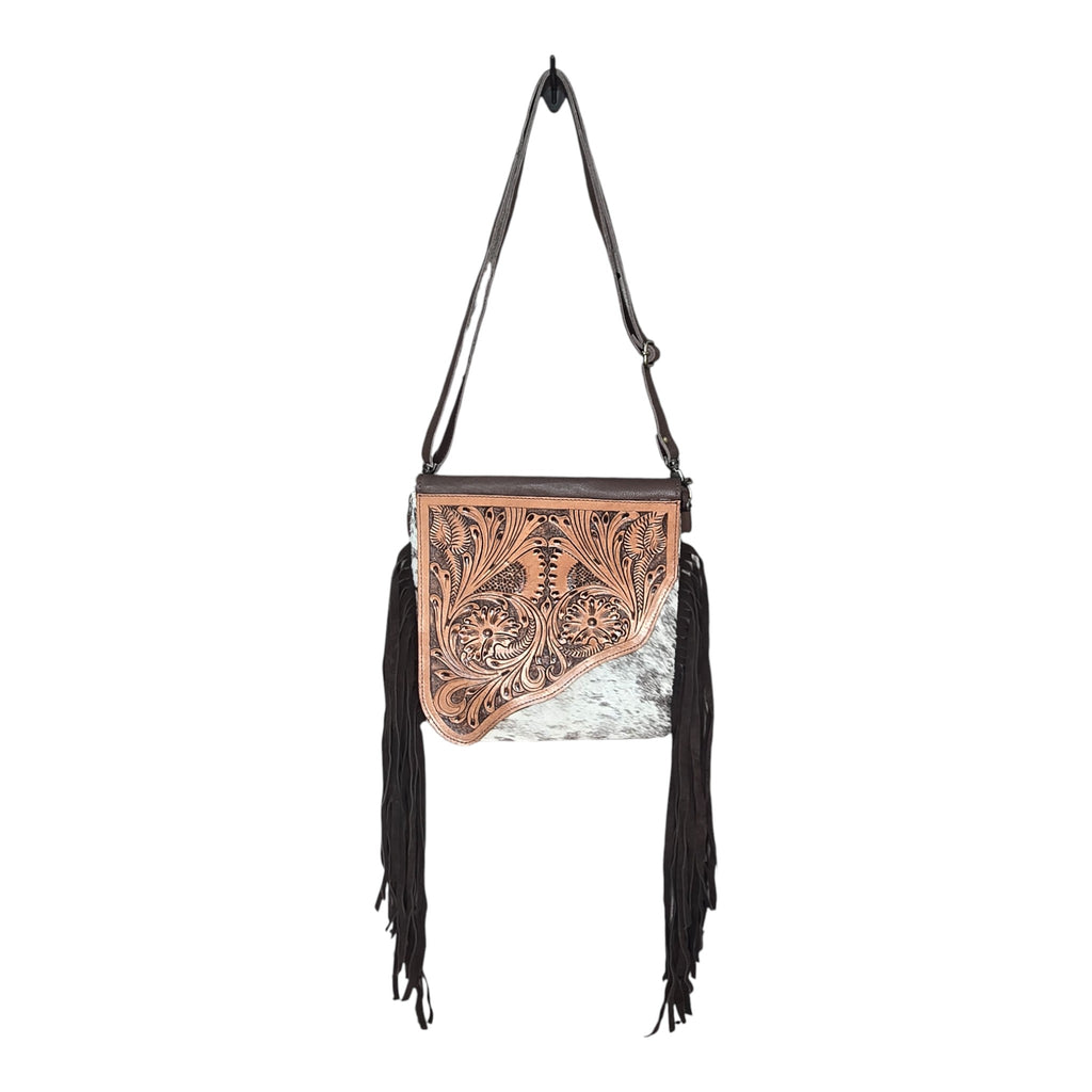 Montana Twist Genuine Leather Hair-on Handbag w/ Tooled Leather Flap - Coffee