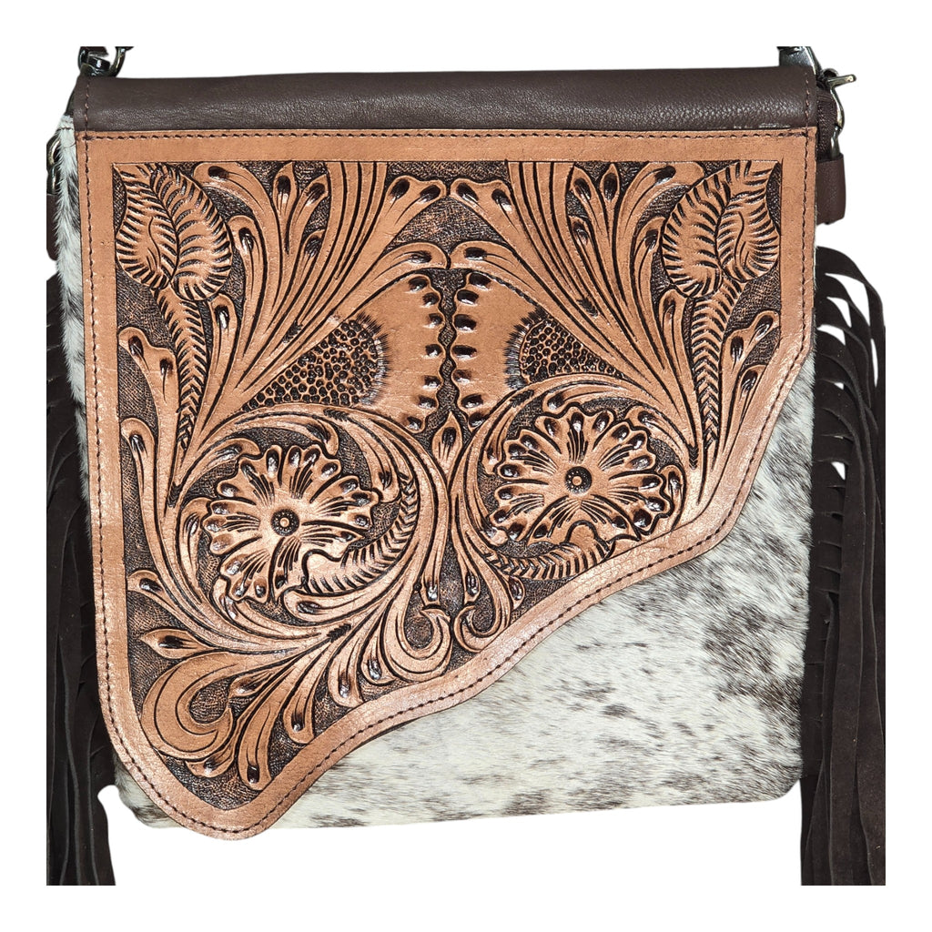 Montana Twist Genuine Leather Hair-on Handbag w/ Tooled Leather Flap - Coffee